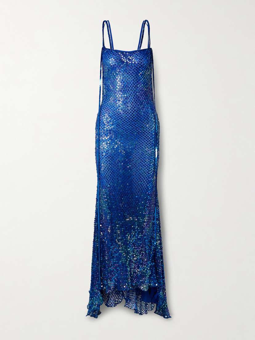 The Attico Asymmetric Draped Embellished Maxi Dress