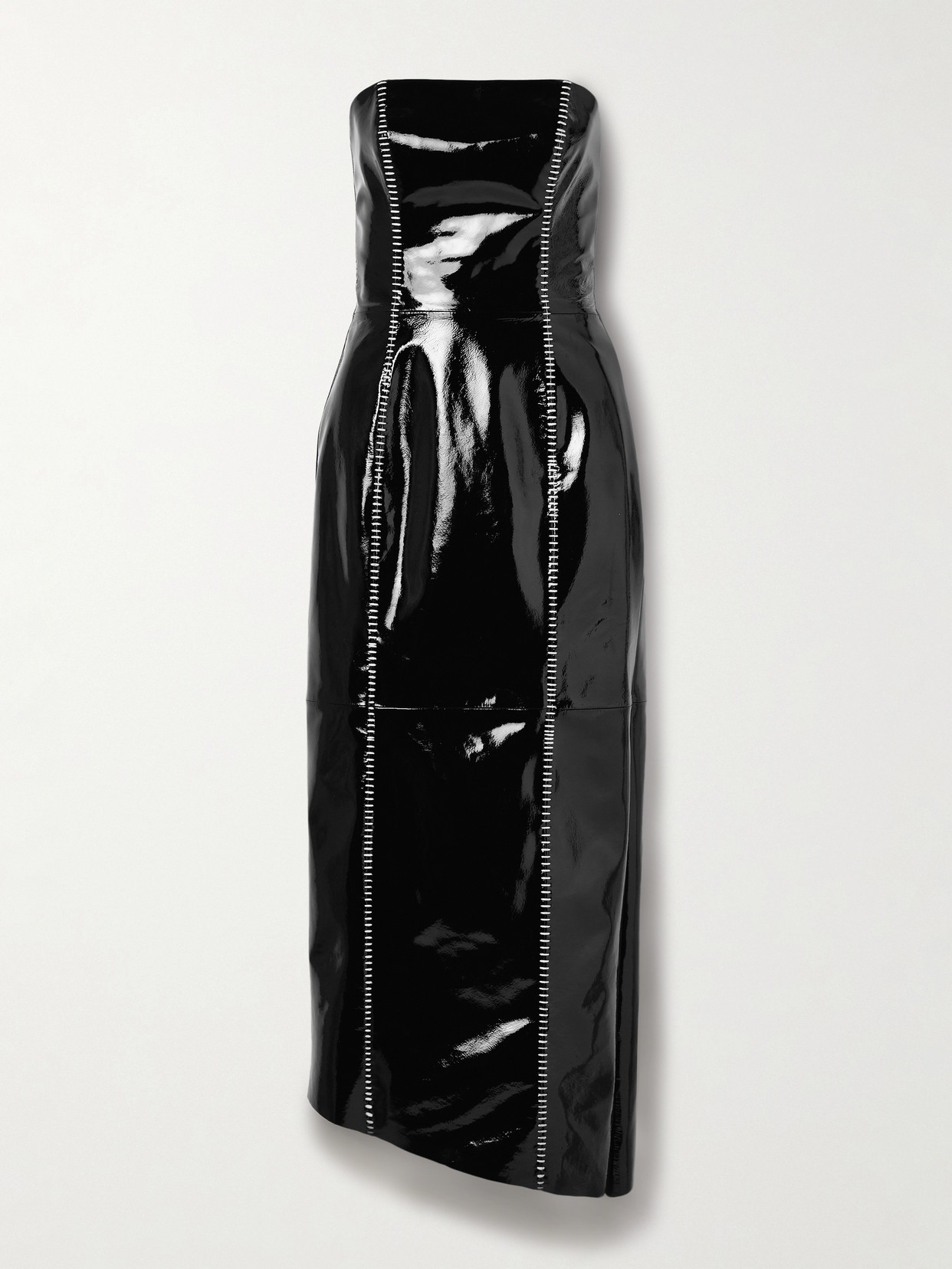 Salon 1884 Sioux Strapless Asymmetric Whipstitched Patent-leather Dress In Black