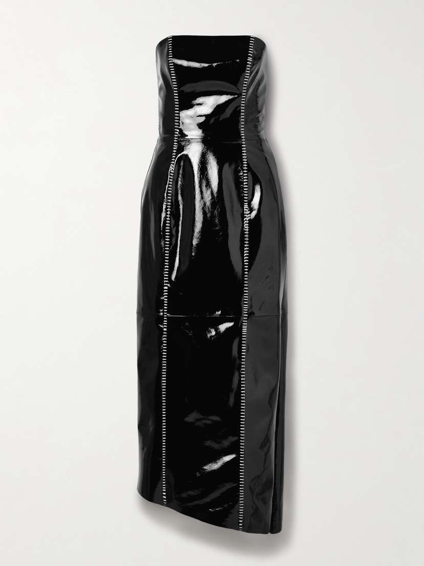 Salon 1884 Sioux Strapless Asymmetric Whipstitched Patent-leather Dress