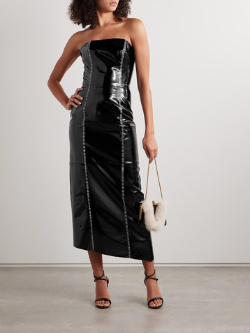 Salon 1884 Sioux strapless asymmetric whipstitched patent-leather dress
