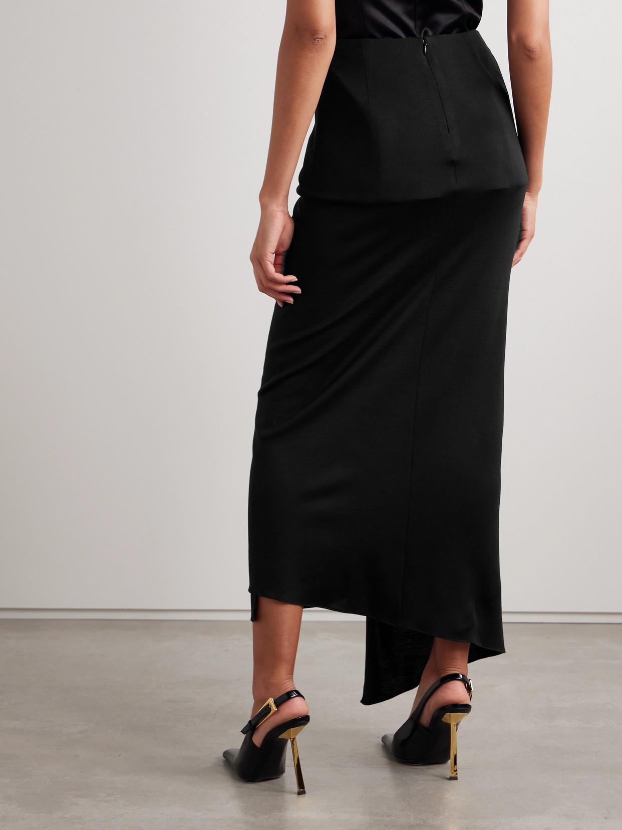 Salon 1884 Zadie Tie-detailed Draped Wool-jersey Midi Skirt In Black
