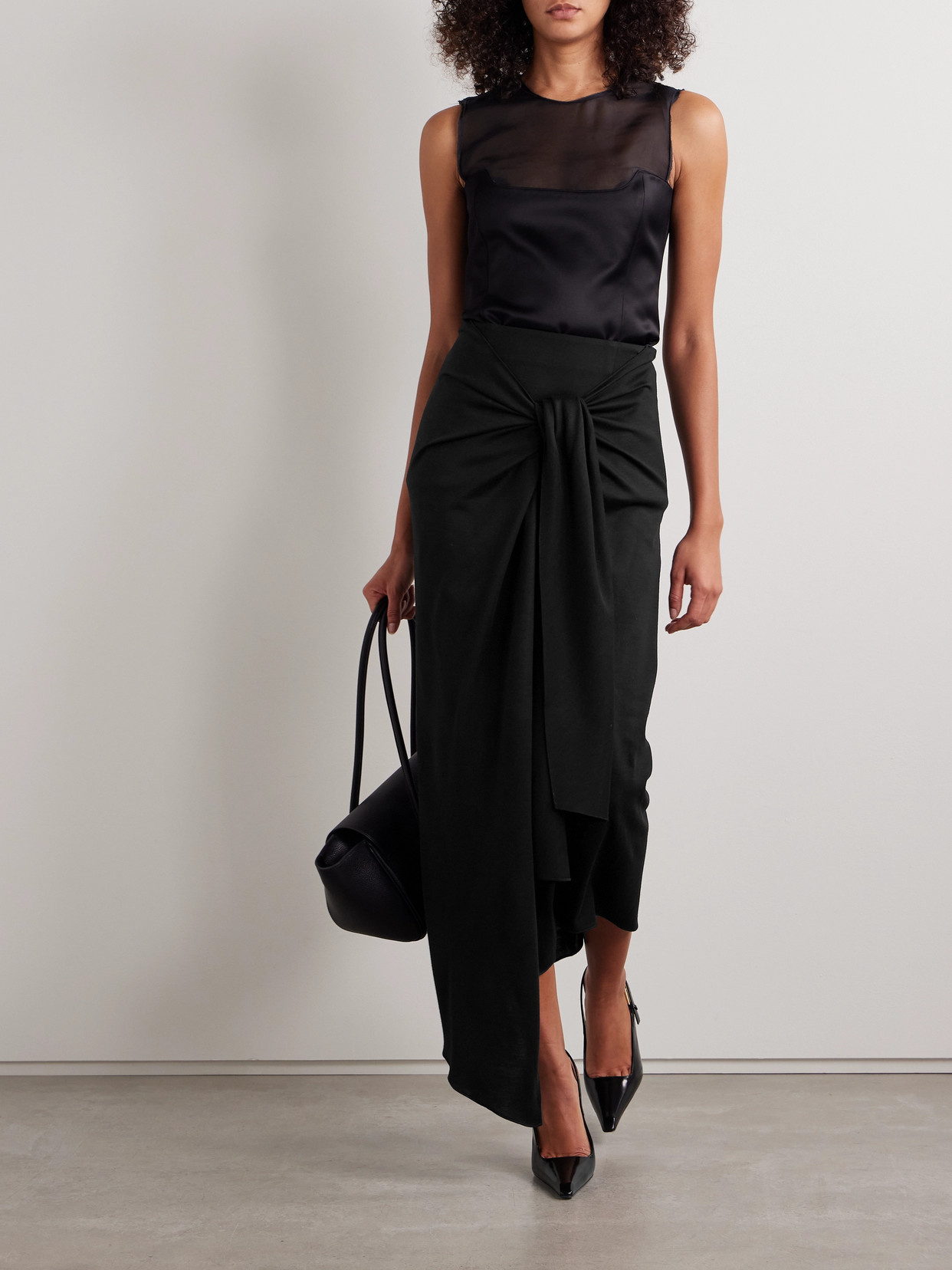 Salon 1884 Zadie Tie-detailed Draped Wool-jersey Midi Skirt In Black