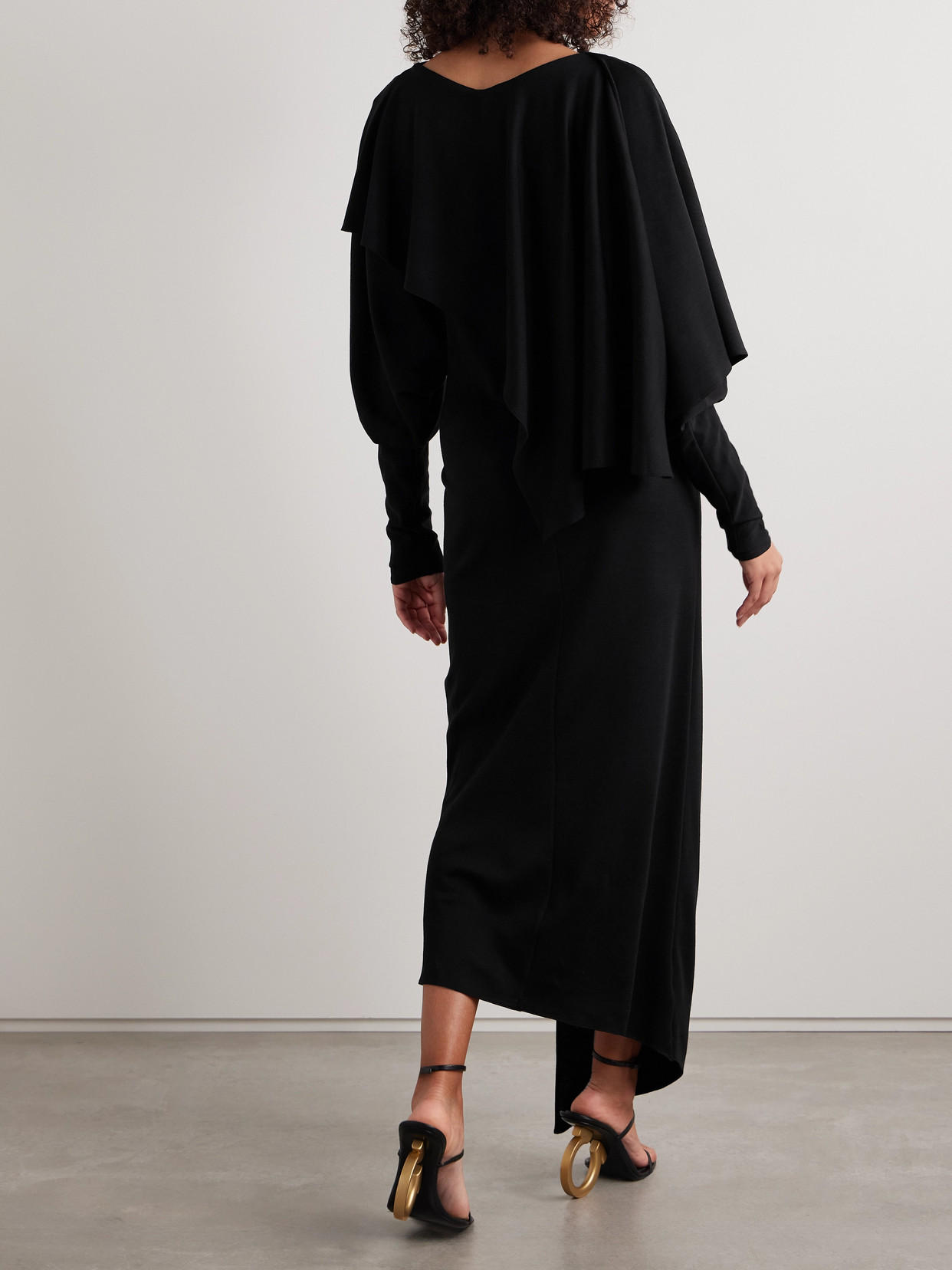 Salon 1884 Calliope Asymmetric Wrap-effect Draped Wool-jersey Midi Dress In Black