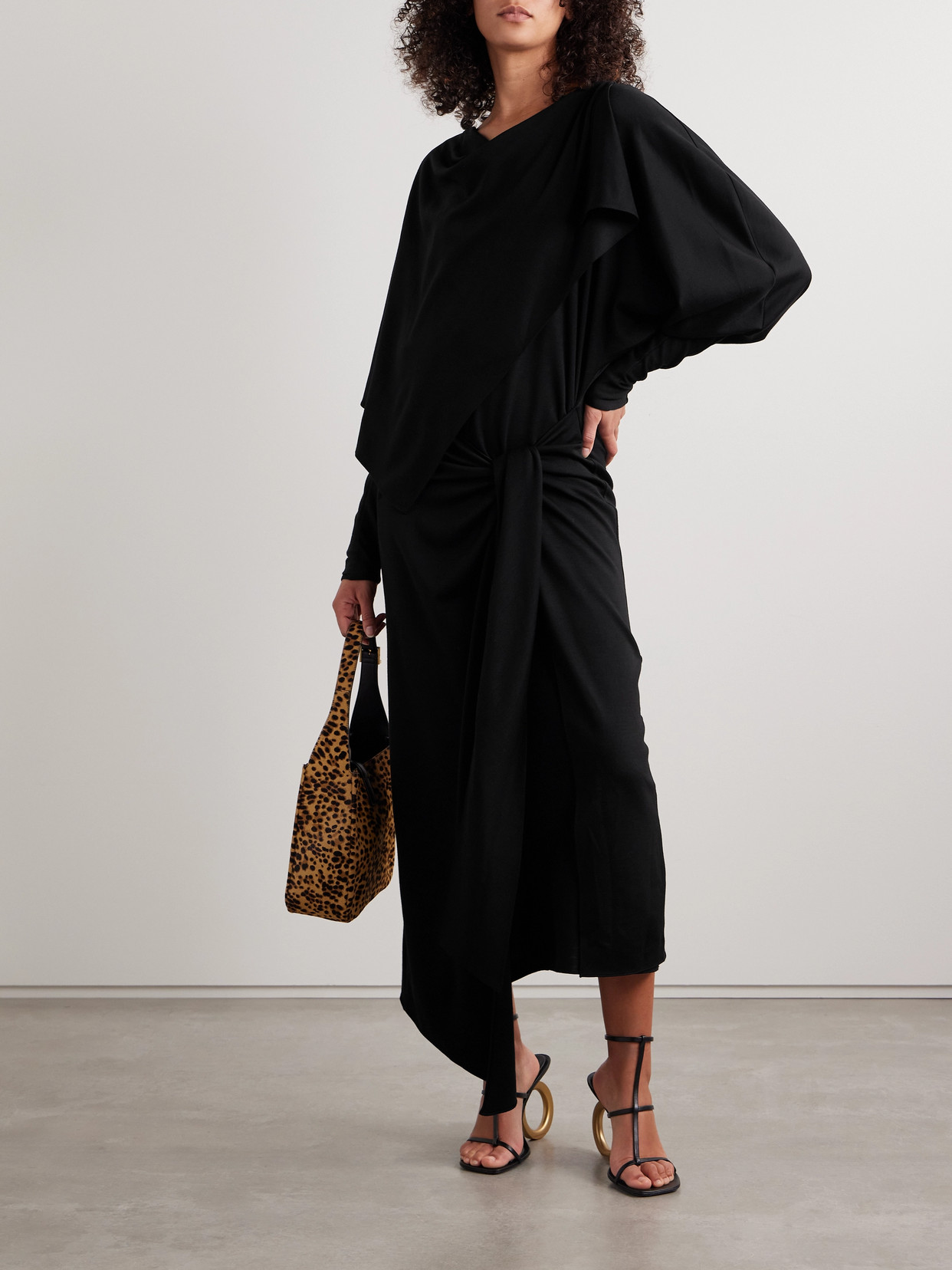 Salon 1884 Calliope Asymmetric Wrap-effect Draped Wool-jersey Midi Dress In Black