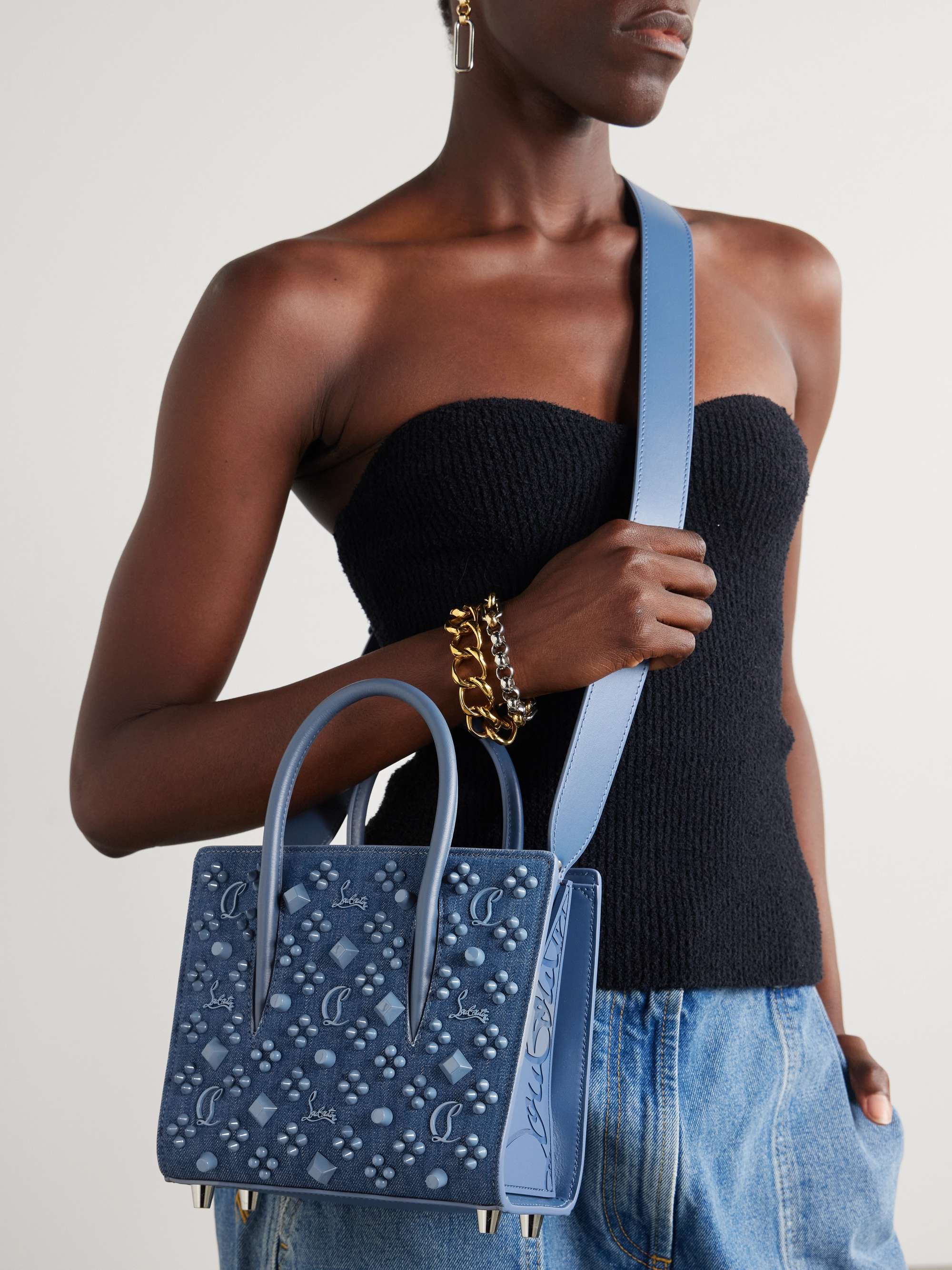 Paloma mini embellished denim-trimmed leather shoulder bag - dark denim - One Size