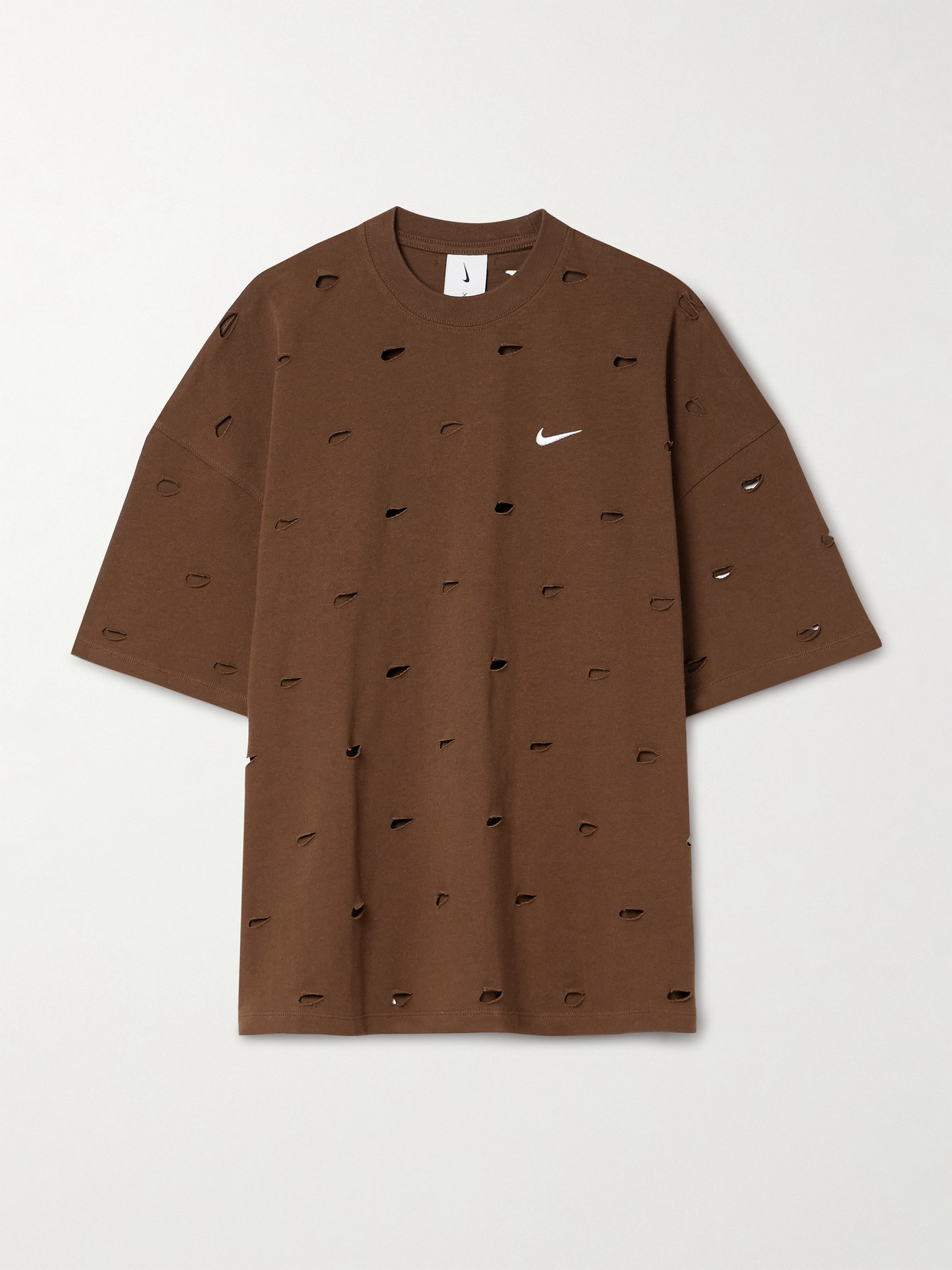 Shop Nike + Jacquemus Le Swoosh Cutout Embroidered Cotton-blend Jersey T-shirt In Brown