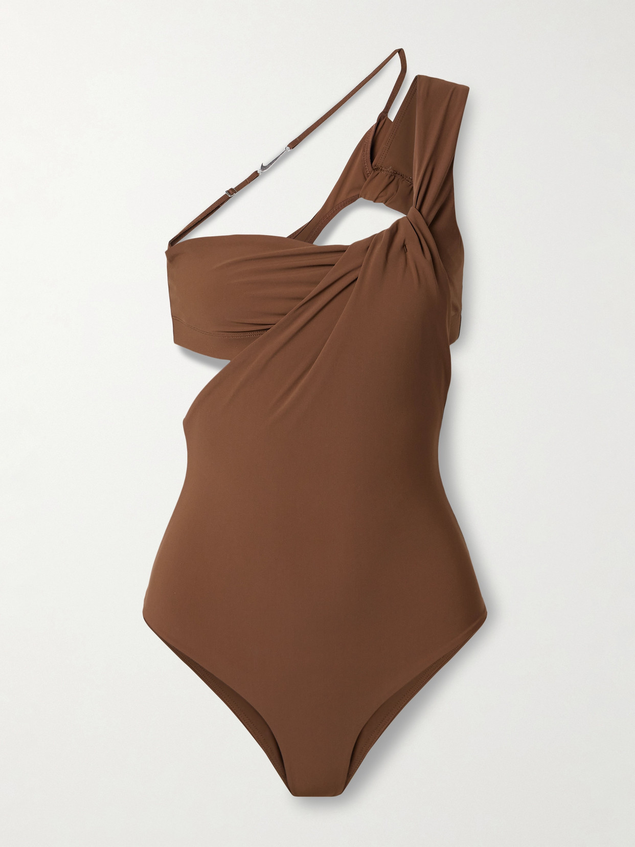 Nike + Jacquemus One-shoulder Cutout Draped Stretch Thong Bodysuit In Brown