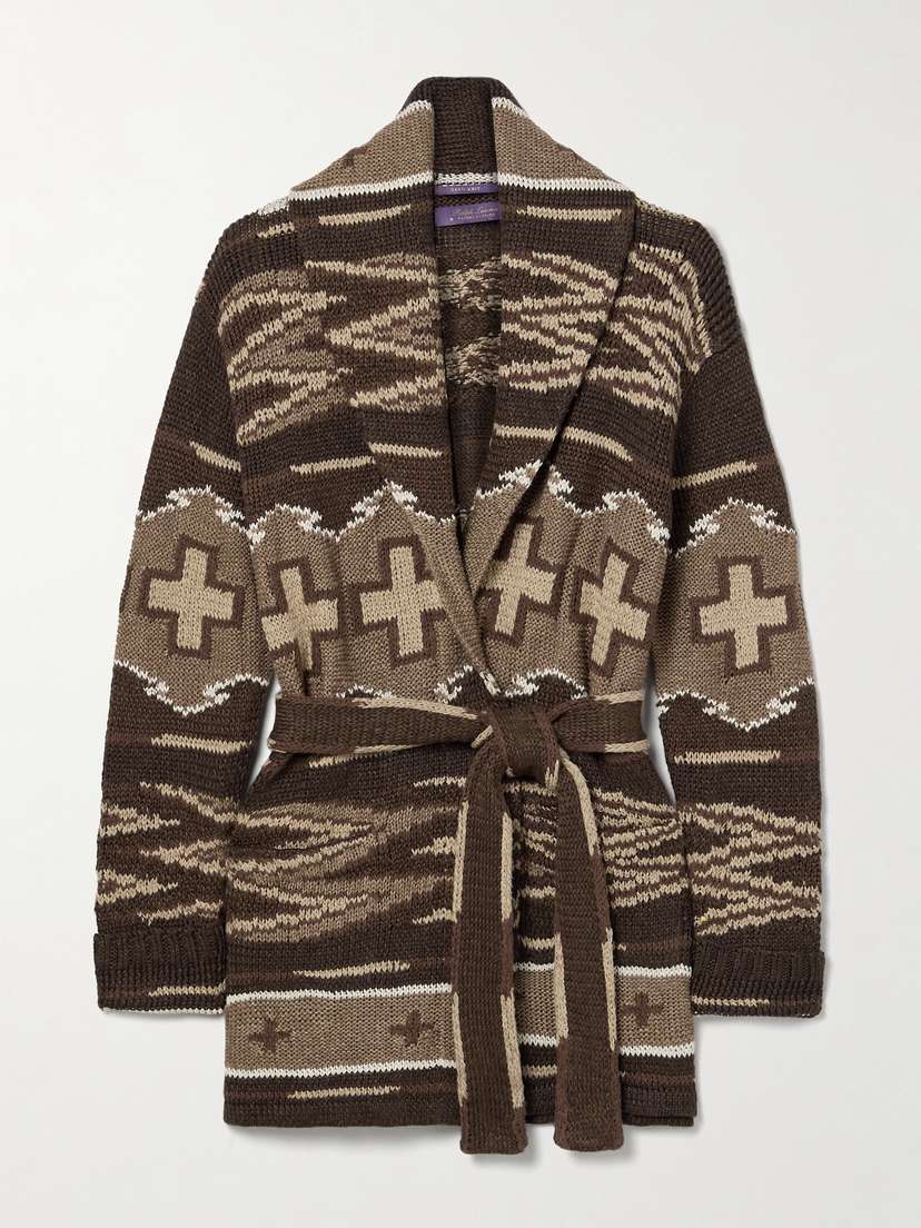 Ralph Lauren Collection Belted Intarsia-knit Linen And Silk-blend Cardigan