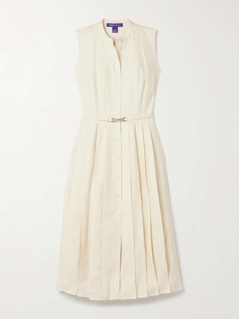 Ralph Lauren Collection Kennedi Belted Pleated Linen Midi Dress