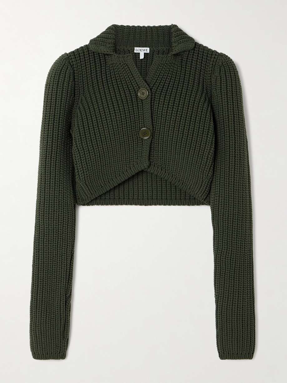 Loewe's cardigan feels both casual and formal. It's compactly rib-knitted and has a cropped silhouette and a stand collar that elegantly frames your neck. Wear yours with the coordinating skirt and boots.