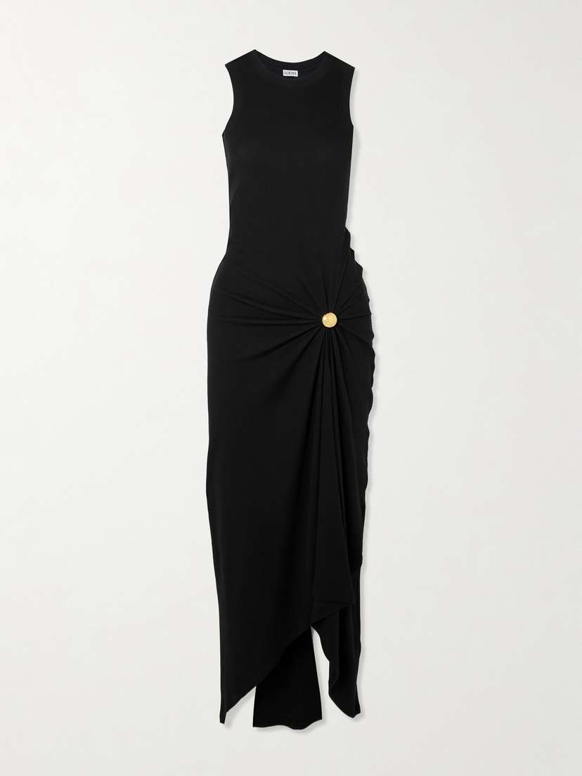 Loewe Pebble Embellished Asymmetric Ribbed Stretch-cotton Jersey Dress