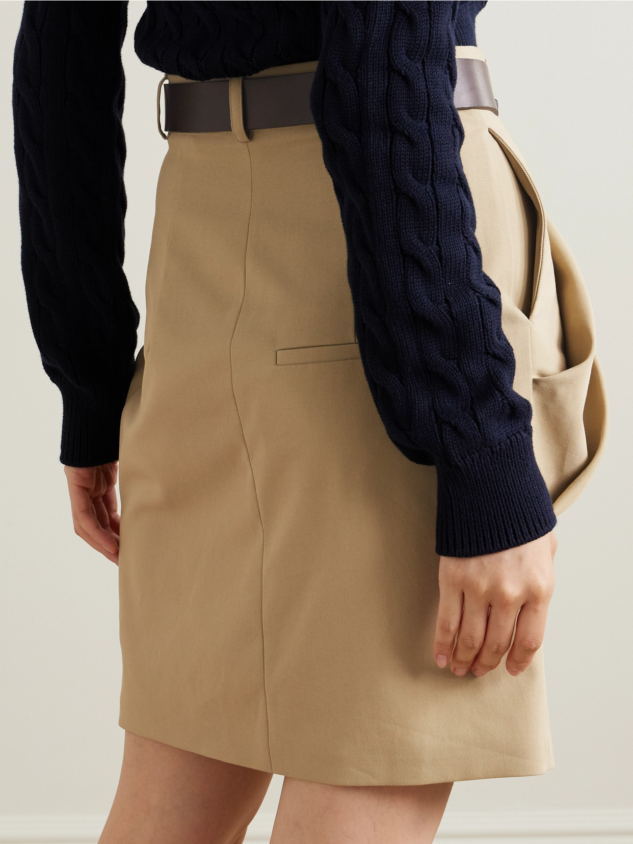 Belted Draped Leather-Trimmed Cotton-Twill Mini
