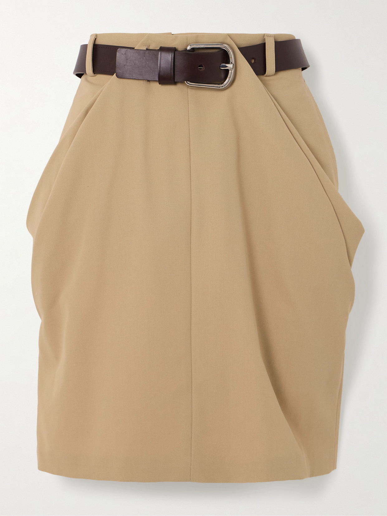 LOEWE - Belted Draped Leather-trimmed Cotton-twill Mini Skirt - Brown