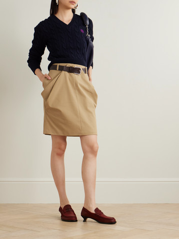 Loewe Belted draped leather-trimmed cotton-twill mini skirt