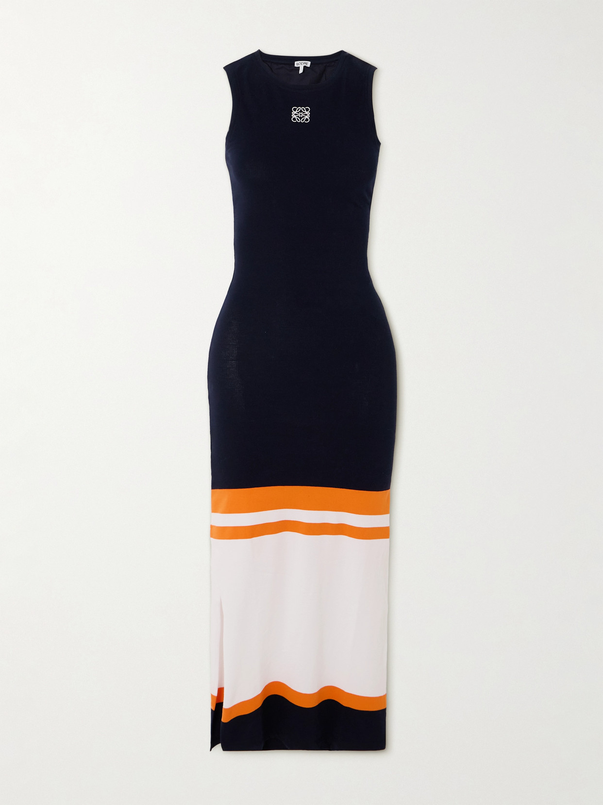 Loewe Embroidered Striped Ribbed Stretch-cotton Midi Dress In Blue