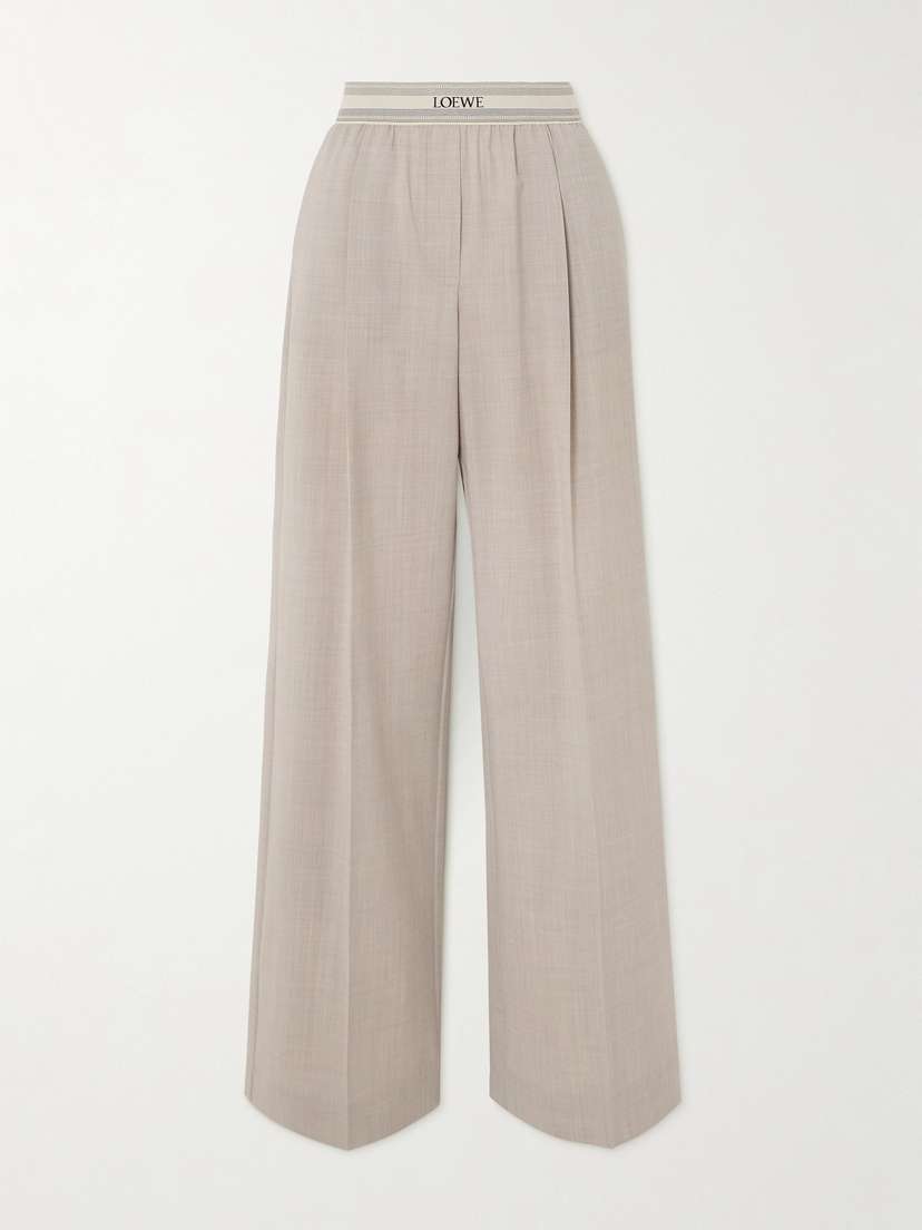 Loewe Logo Jacquard-trimmed Pleated Wool Straight-leg Pants