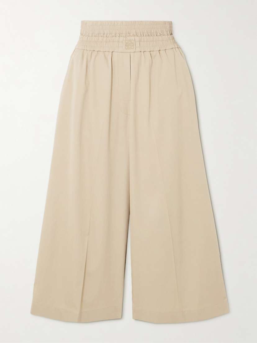 Loewe Logo-embroidered Cropped Cotton And Silk-blend Twill Wide-leg Pants