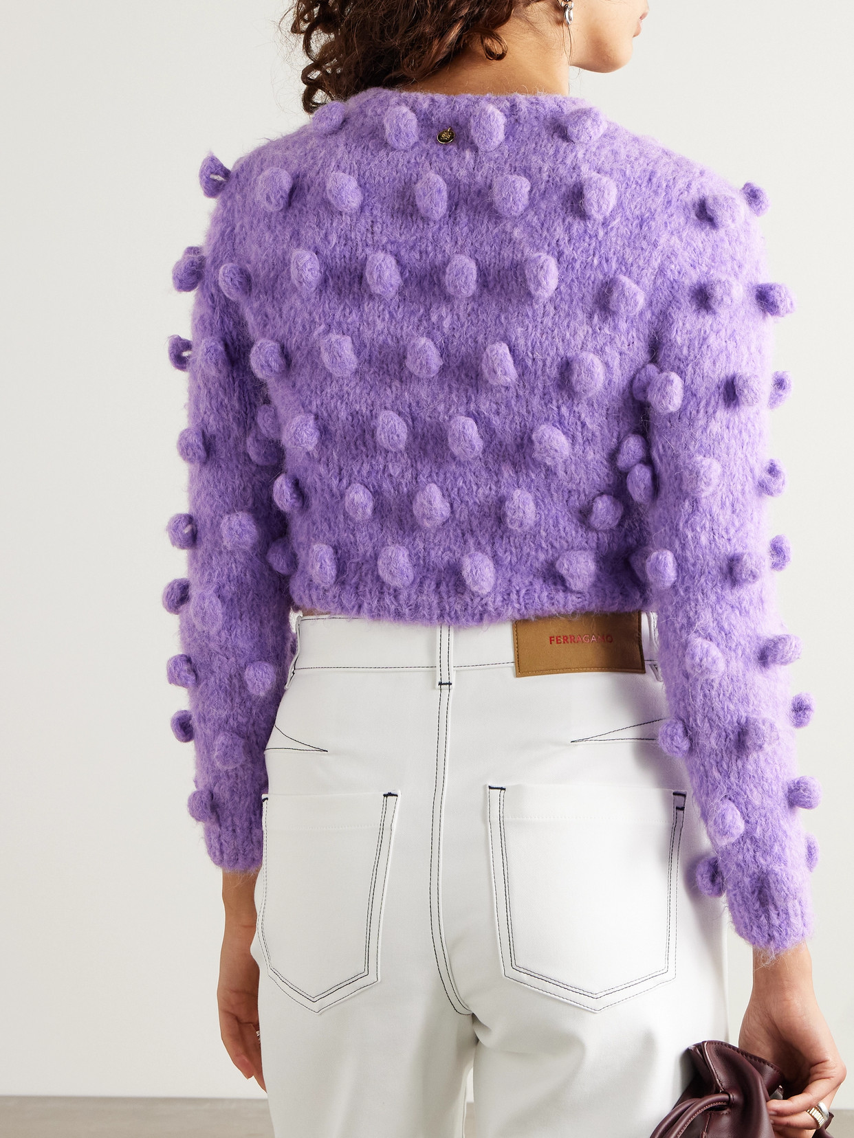 Loewe Cropped Pom Pom-embellished Brushed Knitted Sweater In Purple