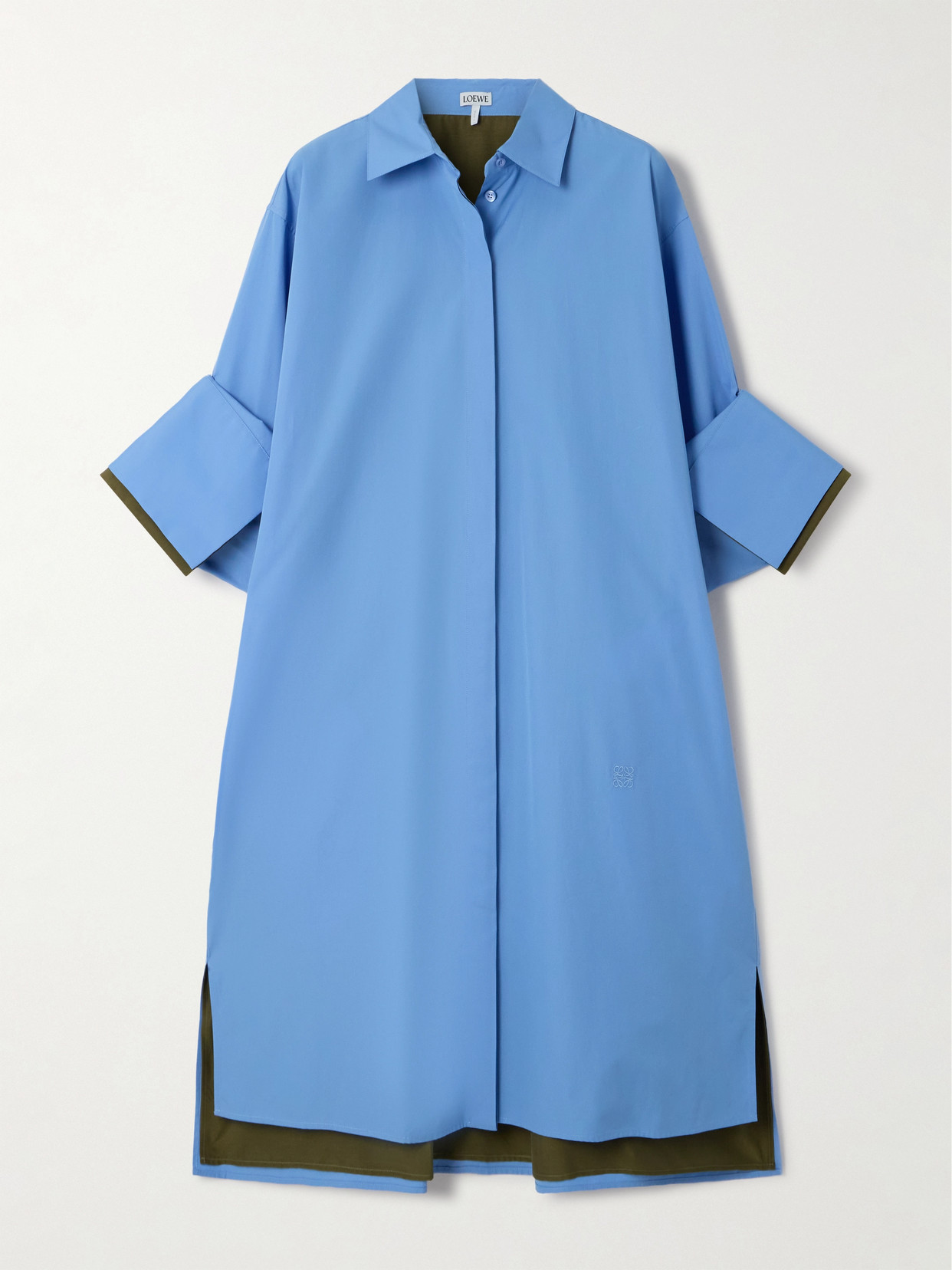 Loewe Pleated Two-tone Cotton-poplin Mini Shirt Dress In Blue