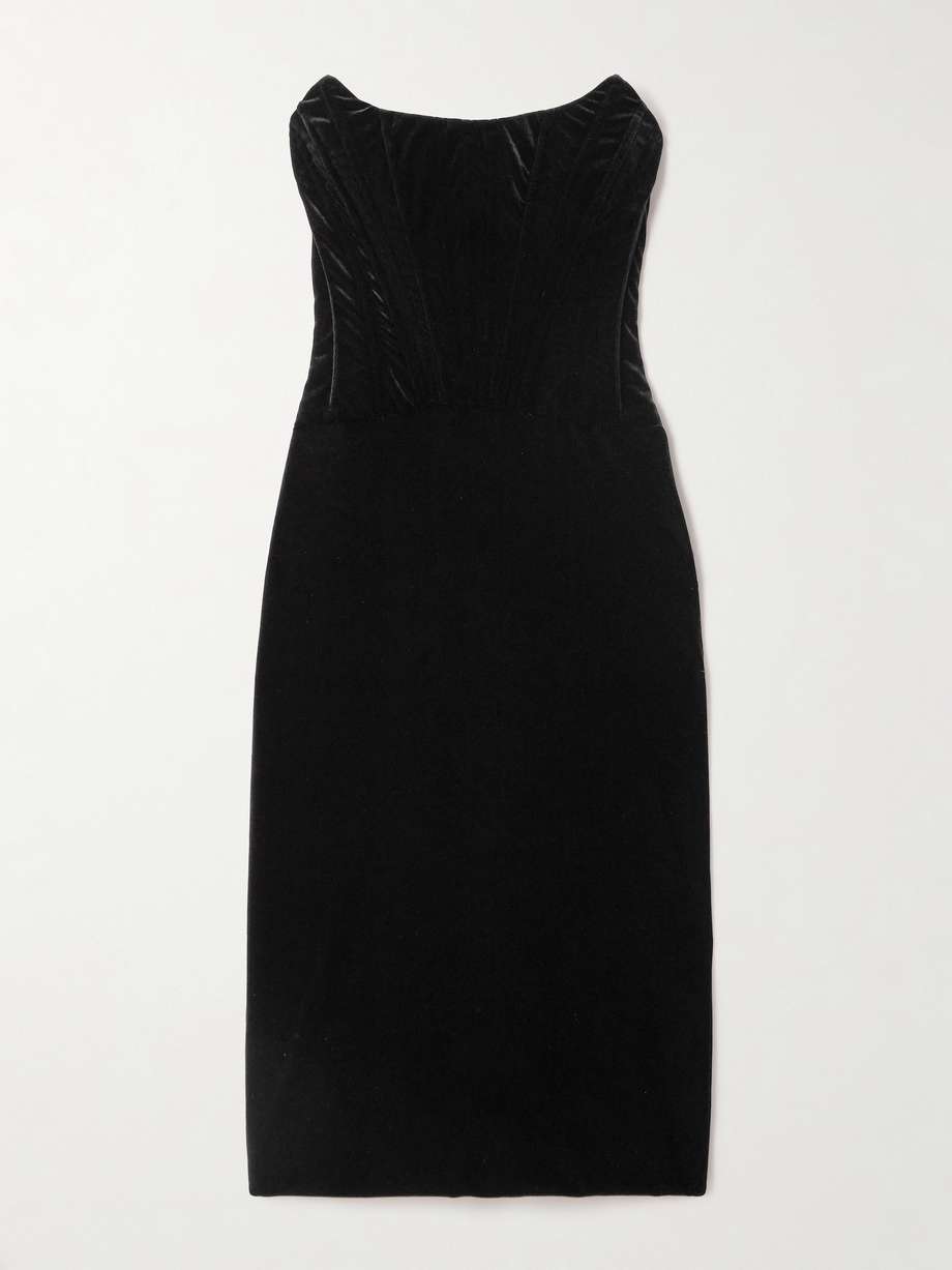 strapless velvet corset midi dress
