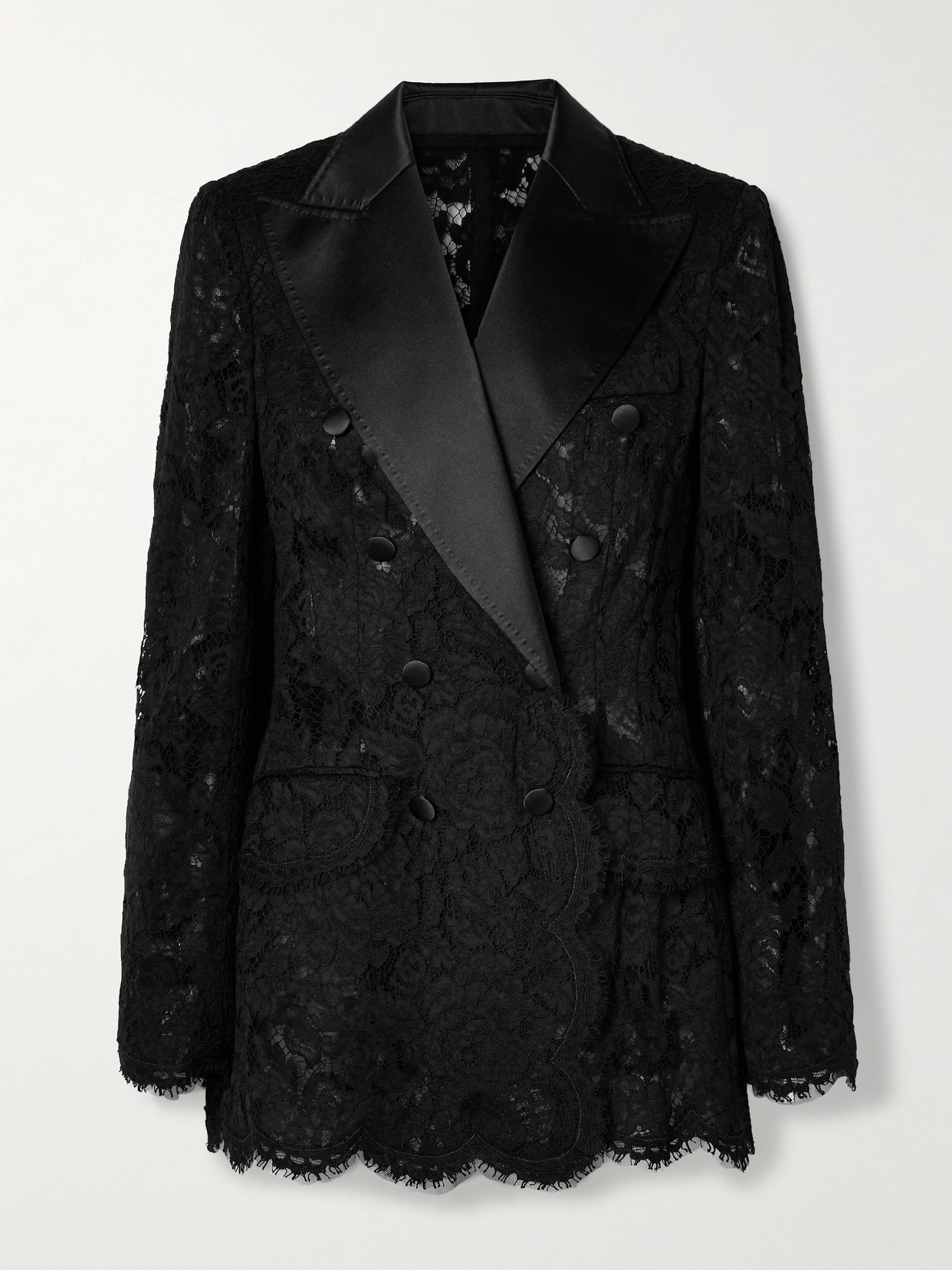 Dolce & Gabbana Double-breasted Satin-trimmed Corded Lace Blazer In Black