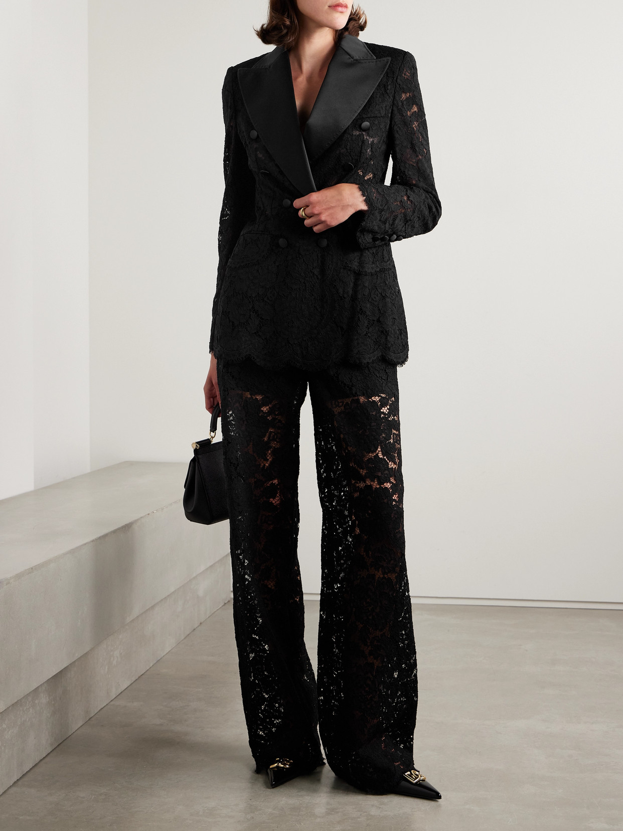 Dolce & Gabbana Double-breasted Satin-trimmed Corded Lace Blazer In Black