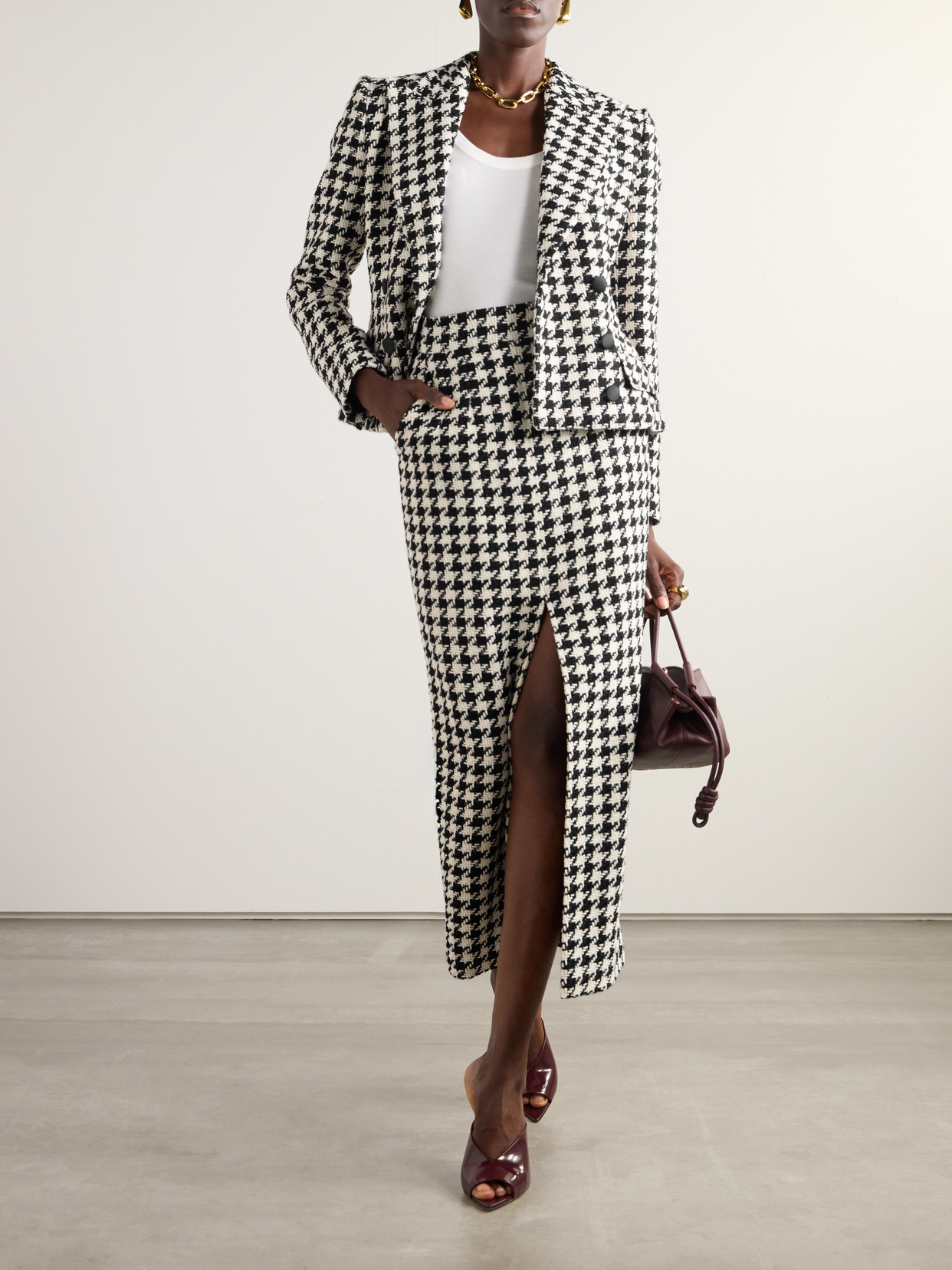 Dolce & Gabbana High Waist Houndstooth Midi Skirt In Gray