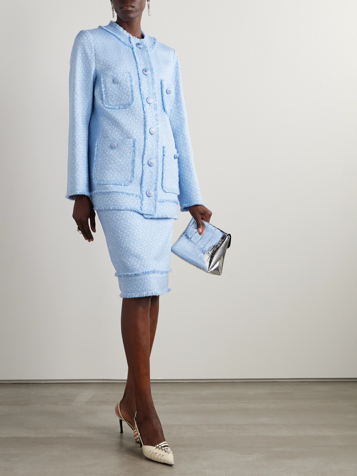 Dolce & Gabbana Frayed Wool-blend Tweed Midi Skirt In Blue