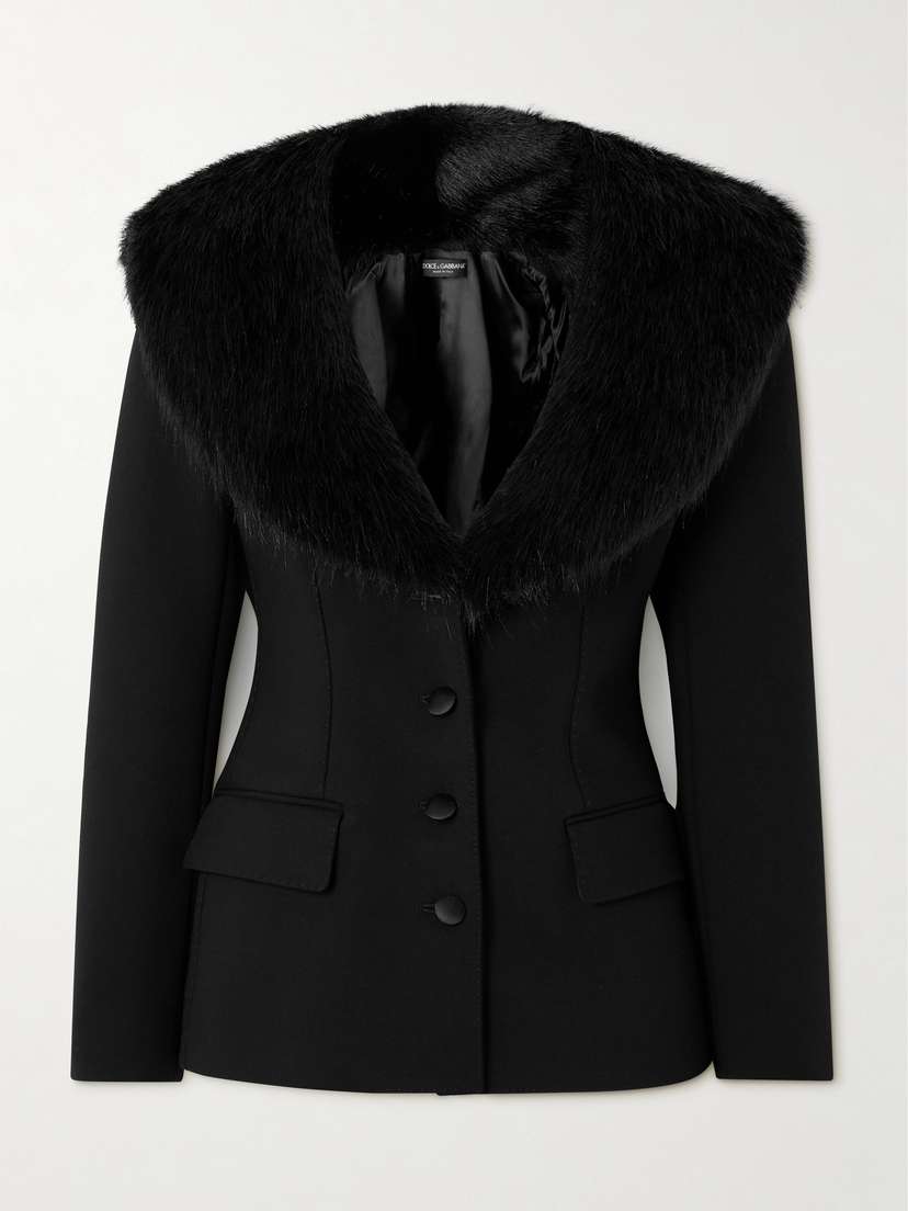 Dolce & Gabbana Faux Fur-trimmed Grain De Poudre Wool-blend Blazer