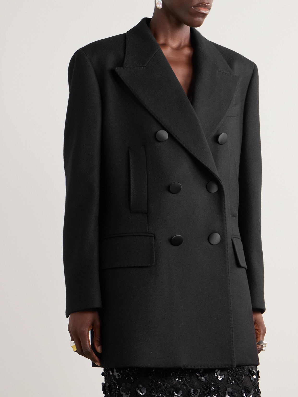 Dolce & Gabbana Double-breasted Satin-trimmed Brushed Wool-blend Blazer In Black