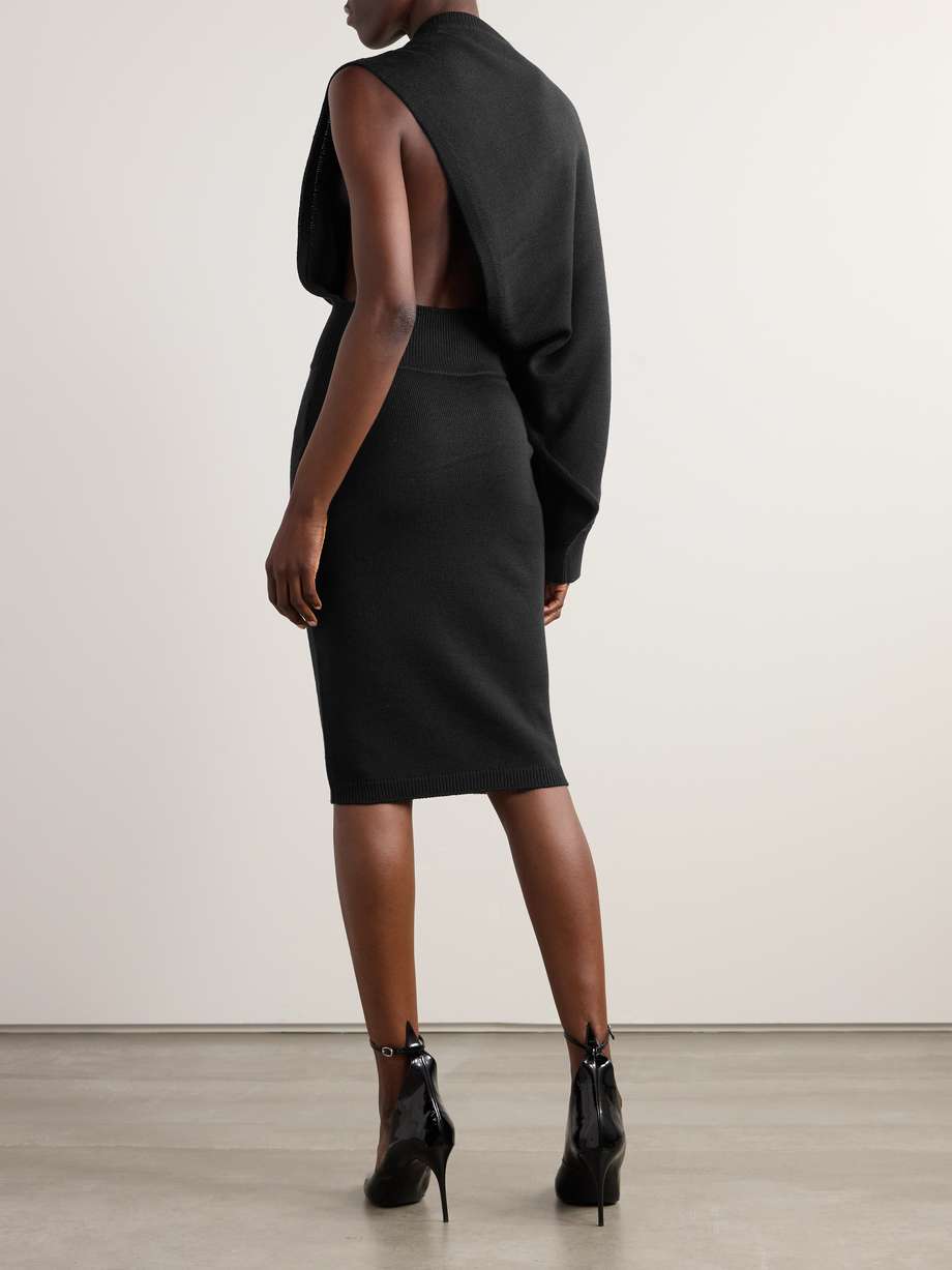one-sleeve asymmetric knitted wool midi dress