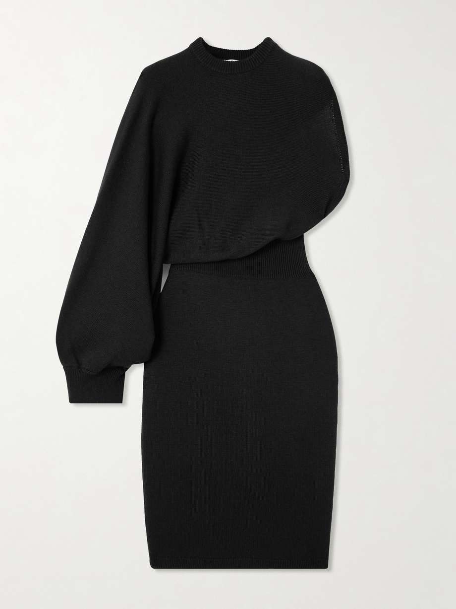 one-sleeve asymmetric knitted wool midi dress