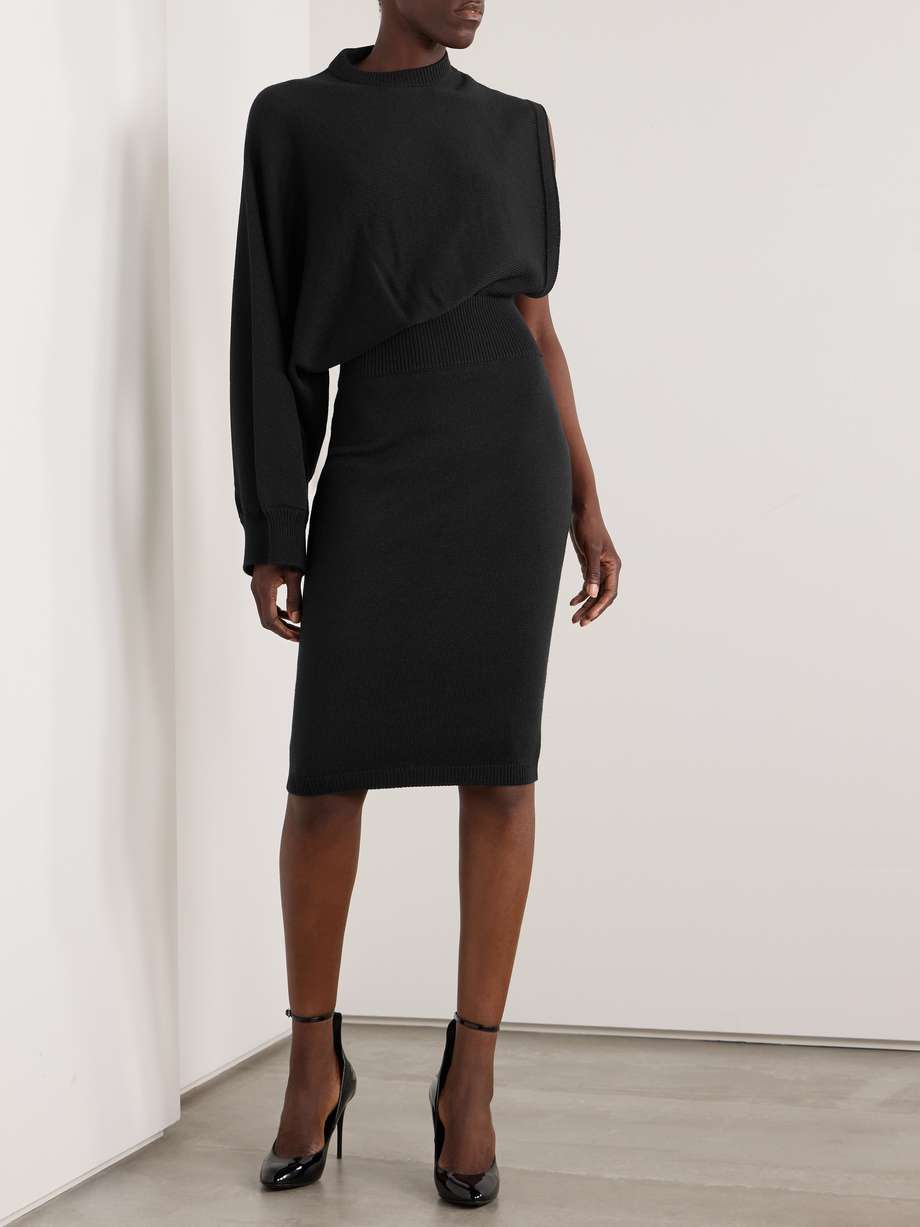 one-sleeve asymmetric knitted wool midi dress