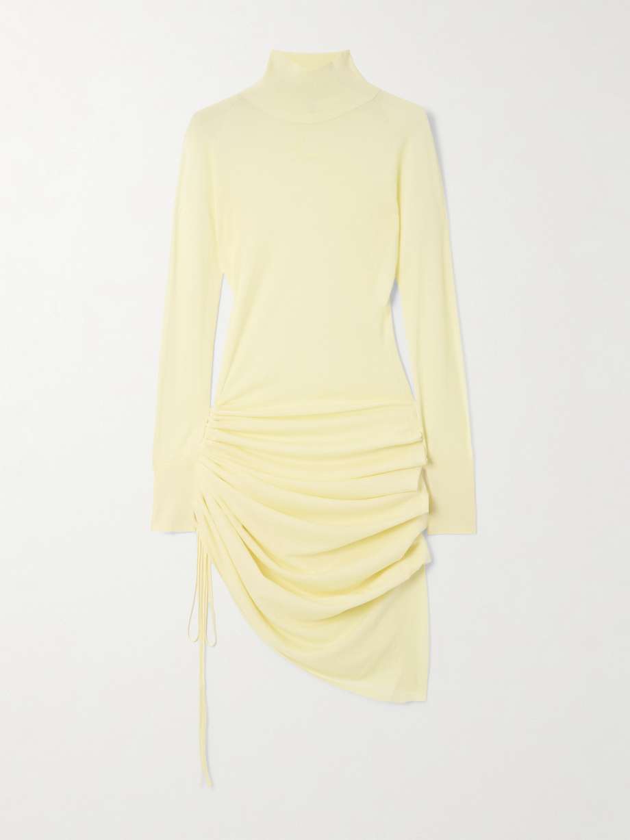 gathered wool-blend turtleneck midi dress