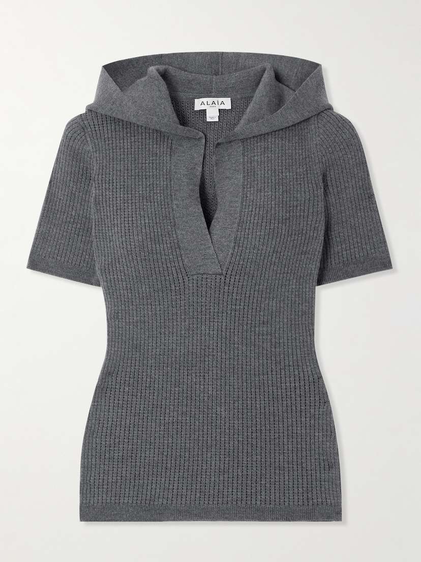Alaïa Ribbed Hooded Wool-blend Polo Top