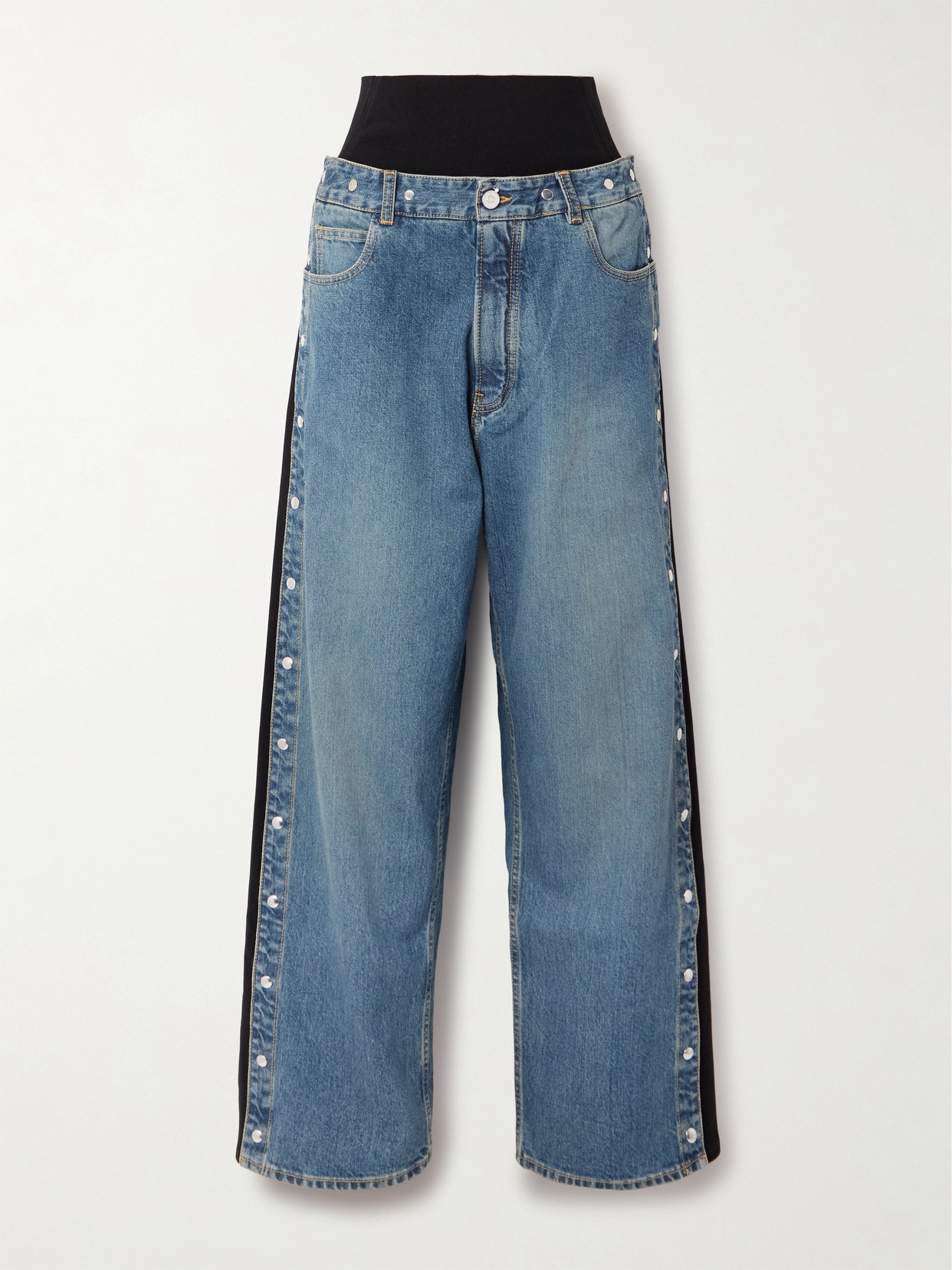 Alaïa Studded Jersey-trimmed High-rise Wide-leg Jeans In Blue