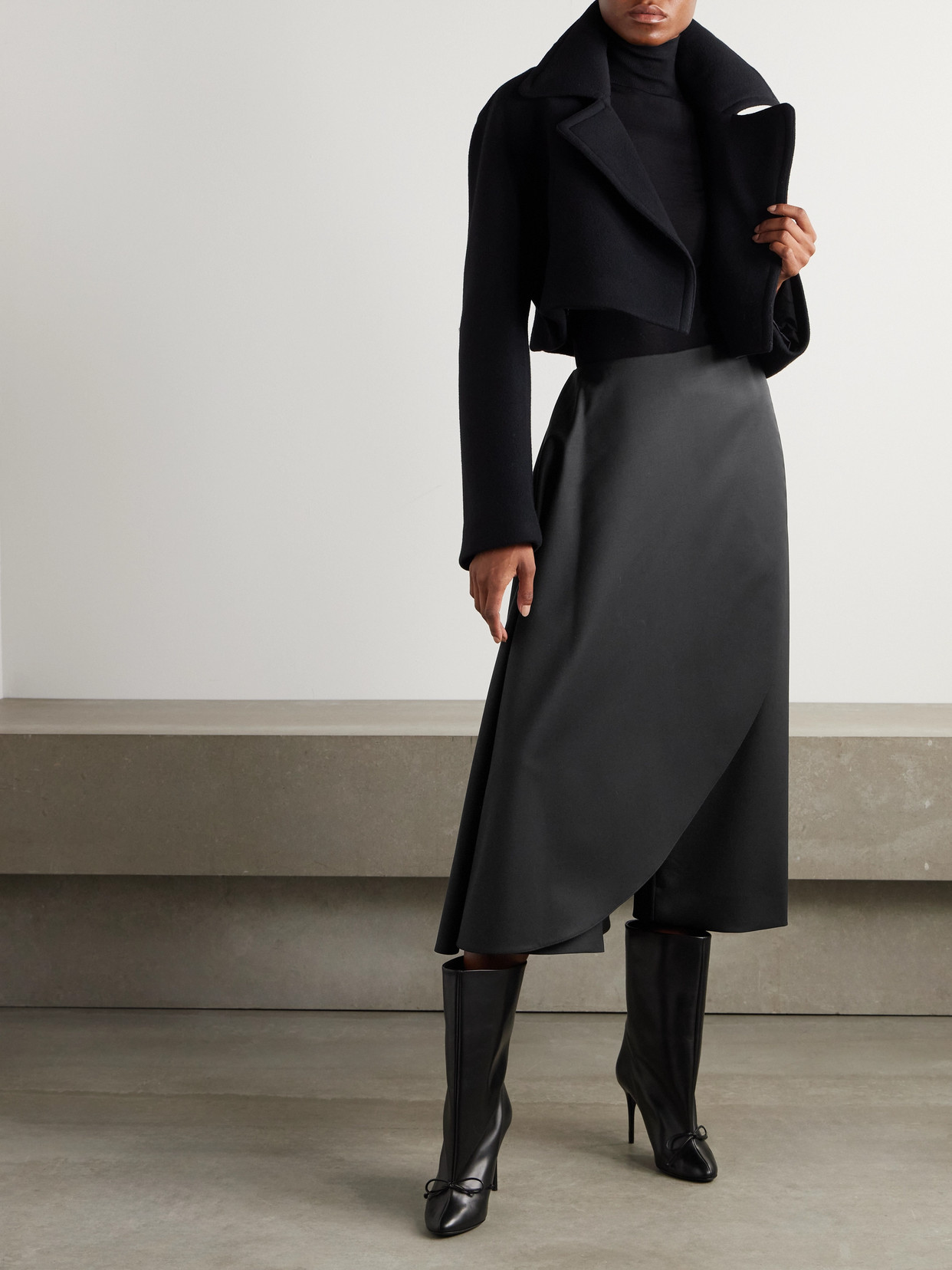 Shop Alaïa Cropped Layered Grain De Poudre Wool-blend Straight-leg Pants In Black