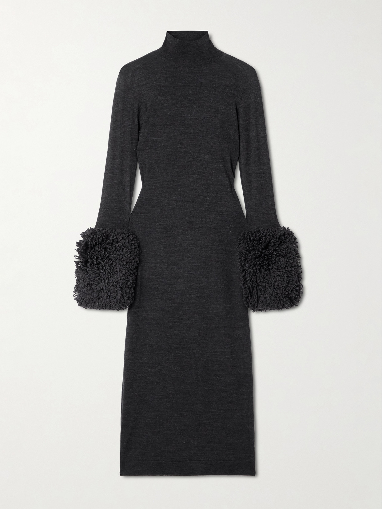 Alaïa Faux Fur-trimmed Wool-jersey Midi Dress In Gray