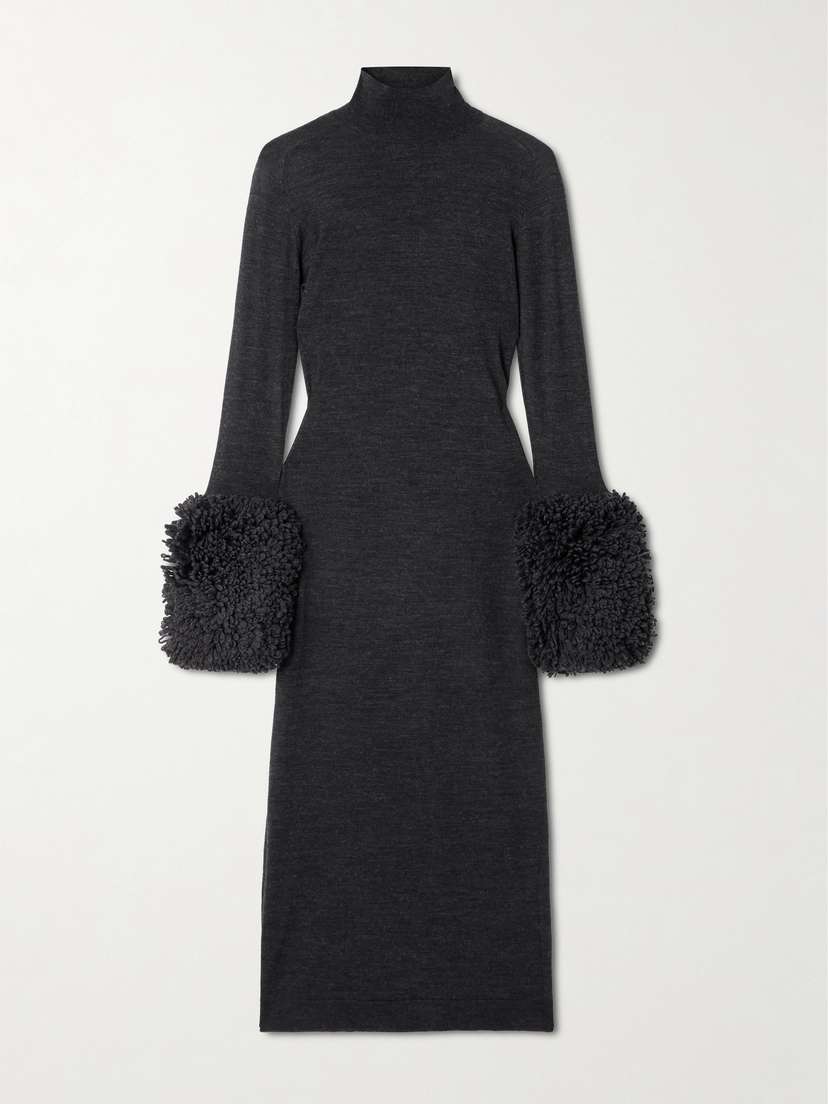 Alaïa Faux Fur-trimmed Wool Turtleneck Midi Dress