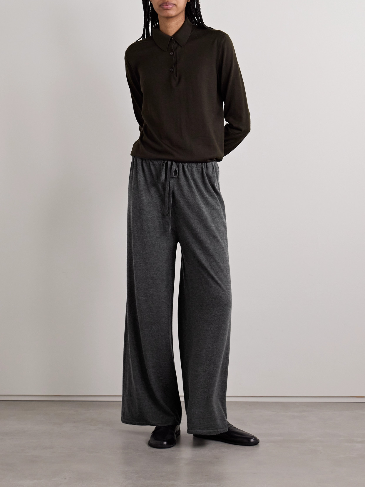 The Row Helphine Mélange Cashmere Wide-leg Pants In Gray