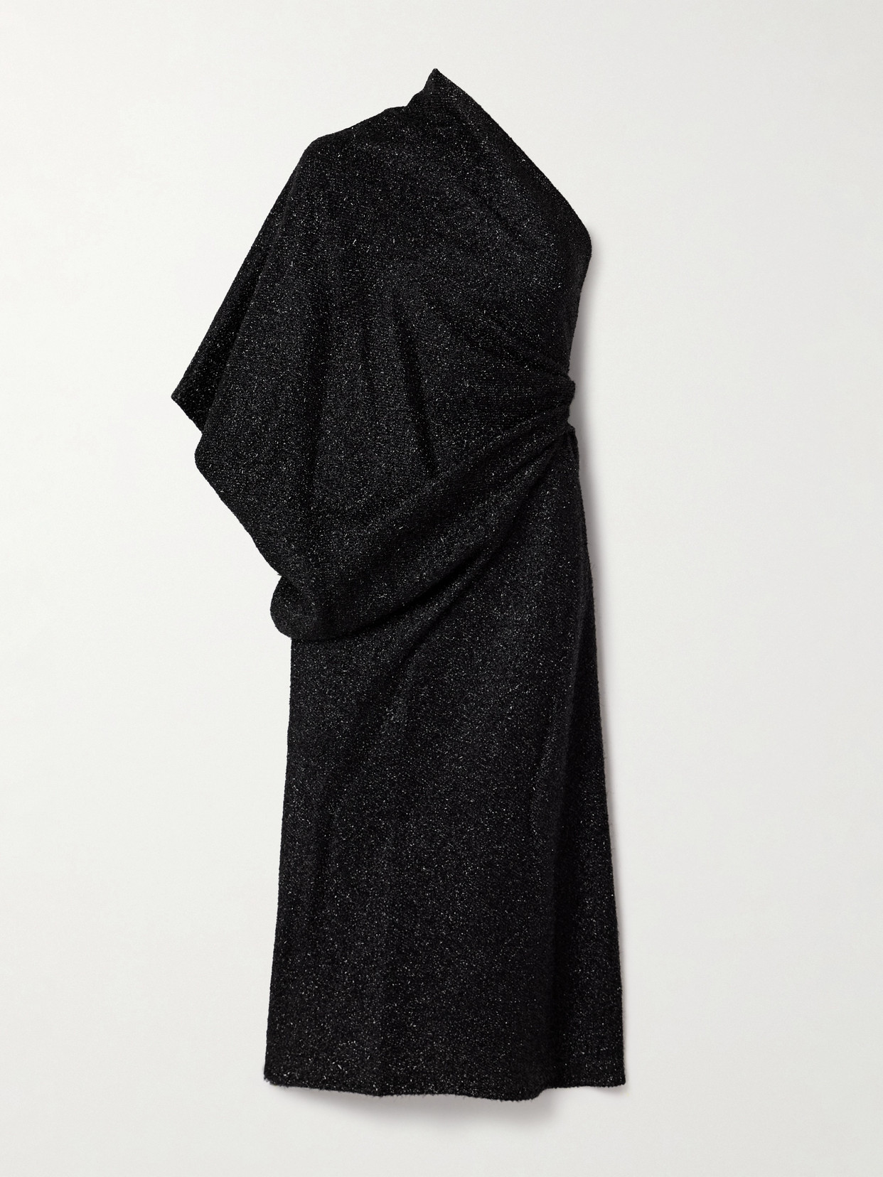 The Row Dorota One-shoulder Draped Metallic Knitted Midi Dress In Black