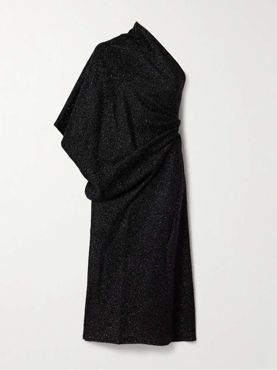 dorota one-shoulder draped metallic knitted midi dress