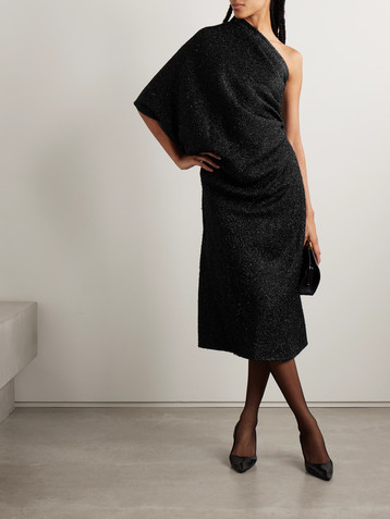 The Row Dorota one-shoulder draped metallic knitted midi dress