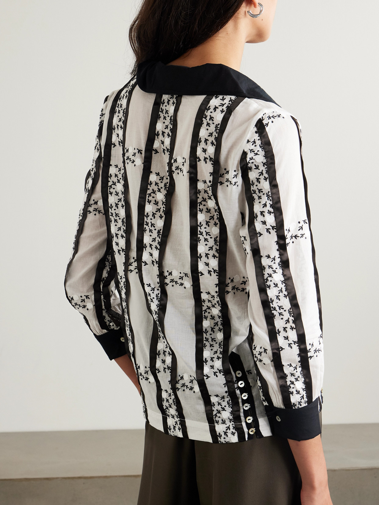 BODE LATTICE SPRIG EMBROIDERED BUTTON-EMBELLISHED SATIN-TRIMMED COTTON BLOUSE