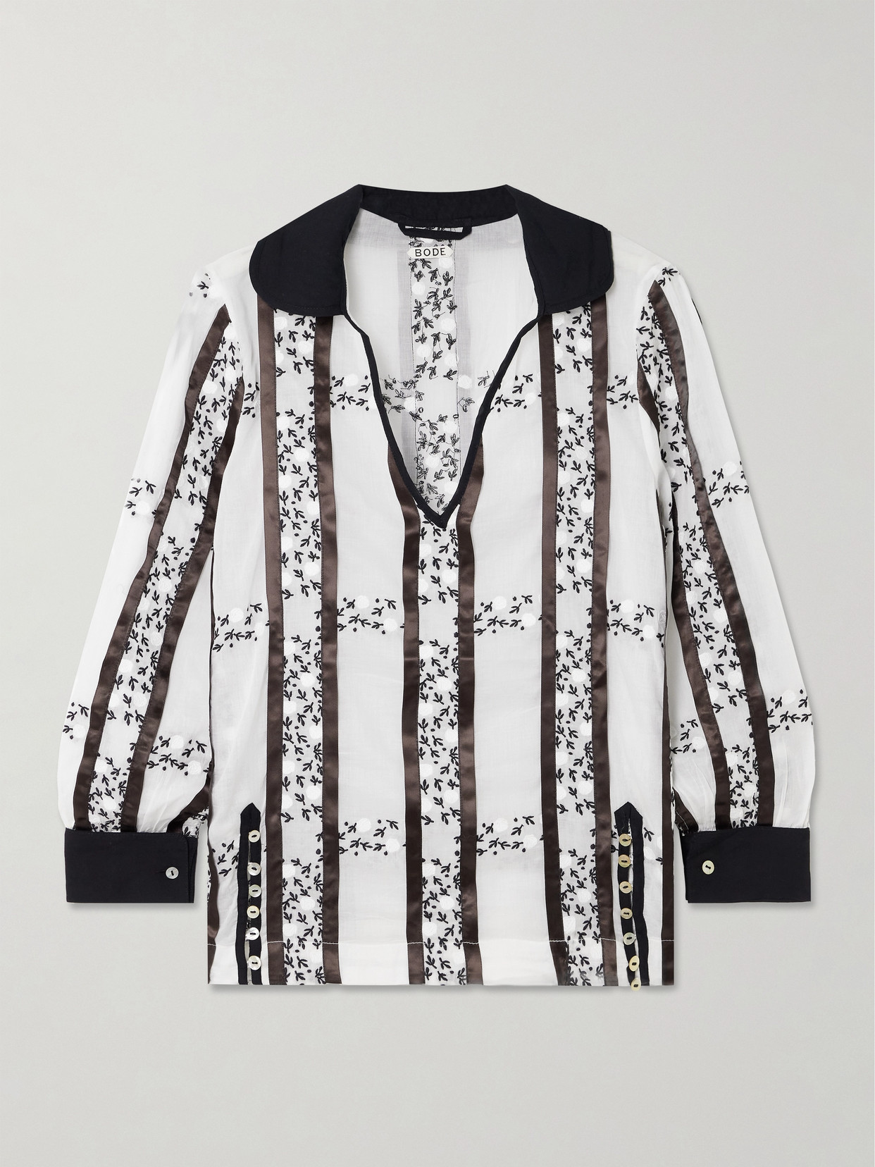 Bode Lattice Sprig Embroidered Button-embellished Satin-trimmed Cotton Blouse In White