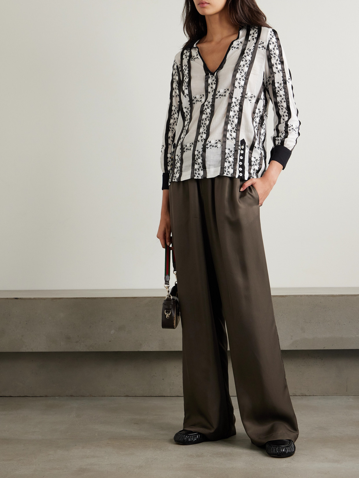 BODE LATTICE SPRIG EMBROIDERED BUTTON-EMBELLISHED SATIN-TRIMMED COTTON BLOUSE