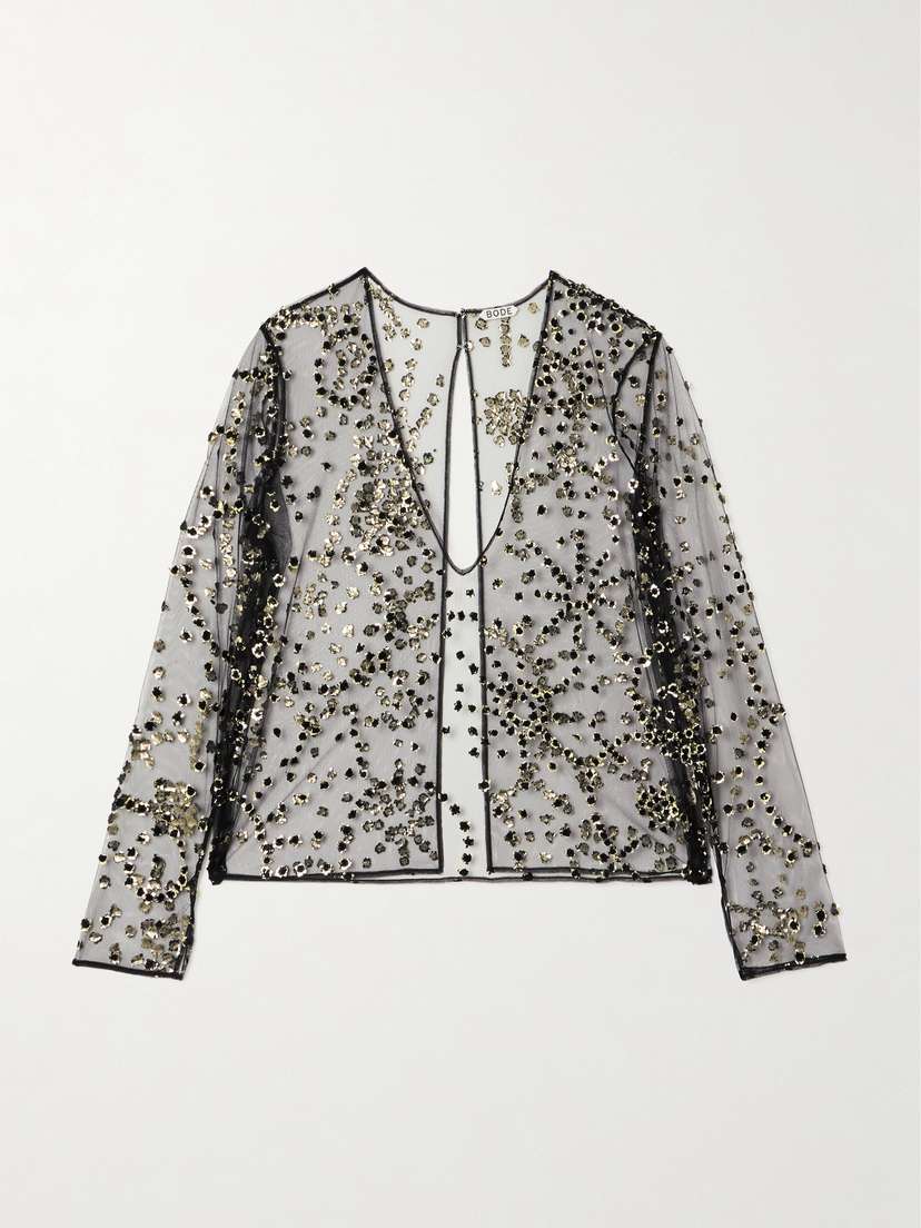 BODE Sheer Fete Appliquéd Mesh Blouse