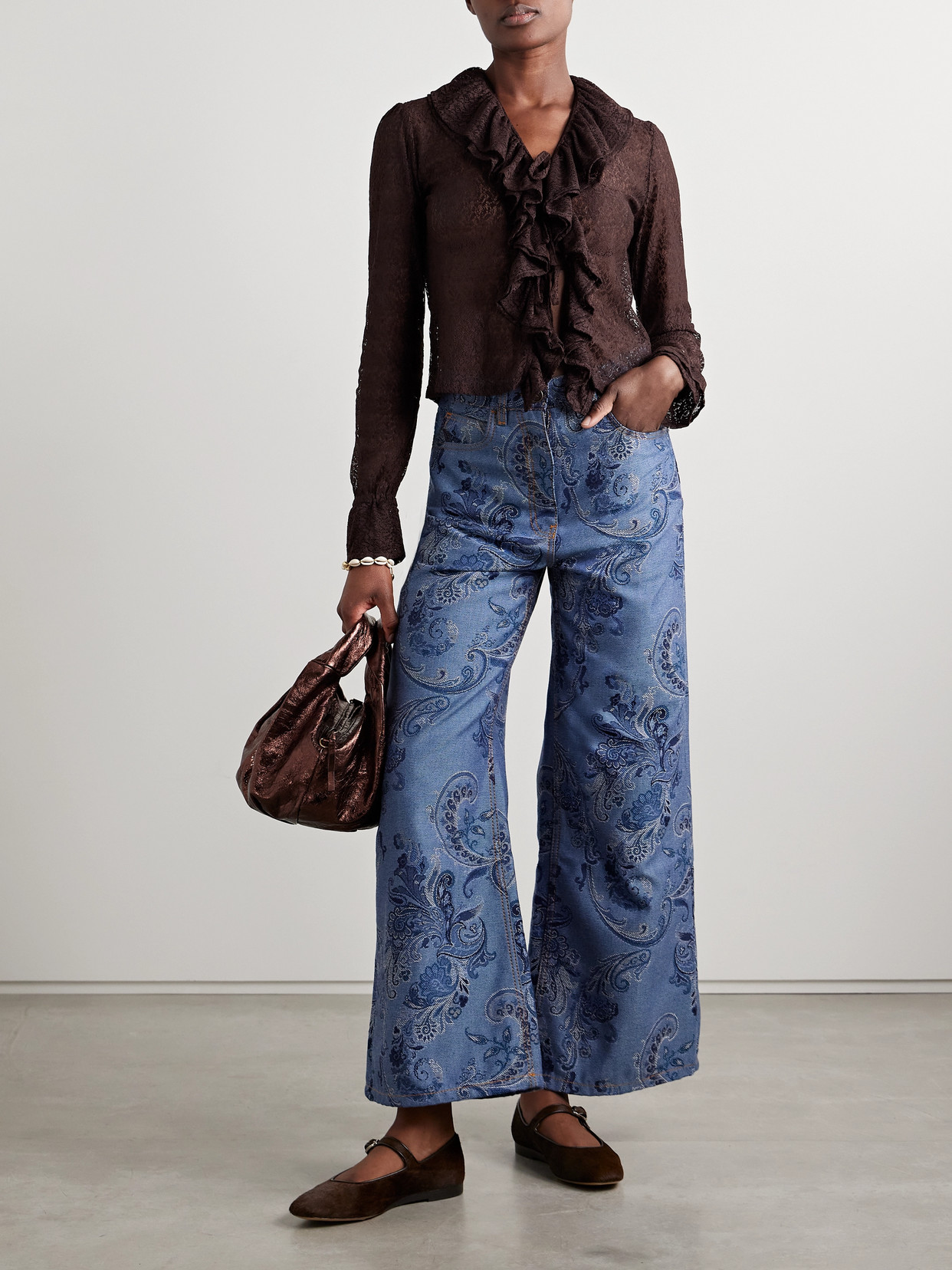 Bode Lace Flounce Blouse In Brown