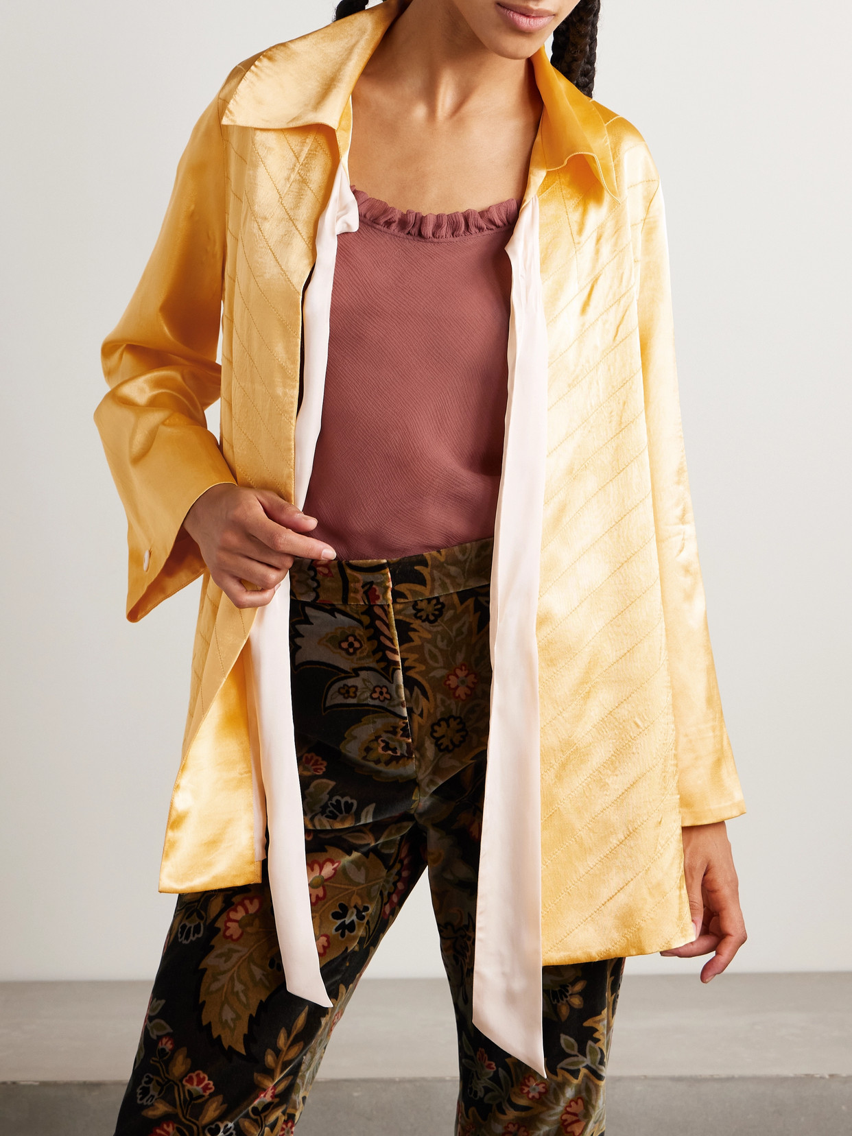 Shop Bode Goldenrod Tie-neck Quilted Satin Jacket In Yellow