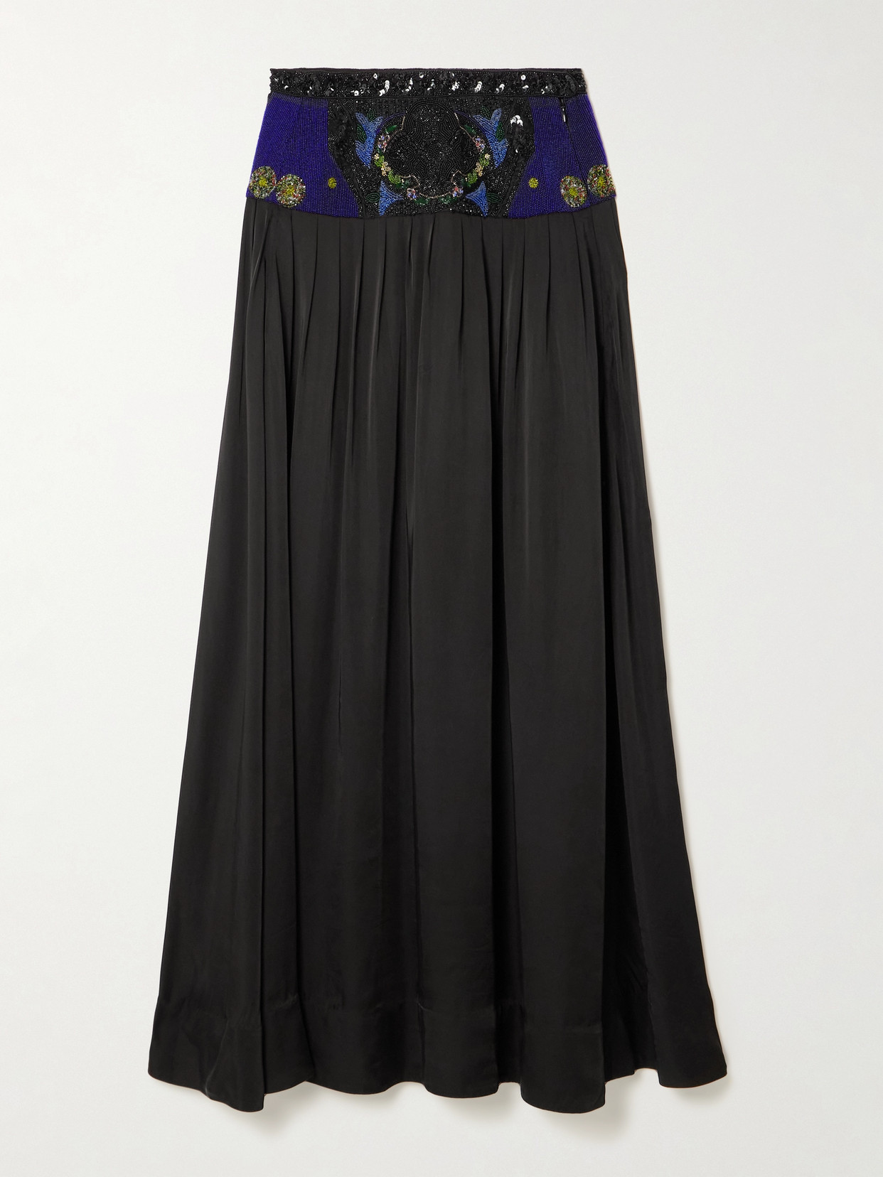 BODE - Deco Collage Embellished Pleated Satin Maxi Skirt - Black